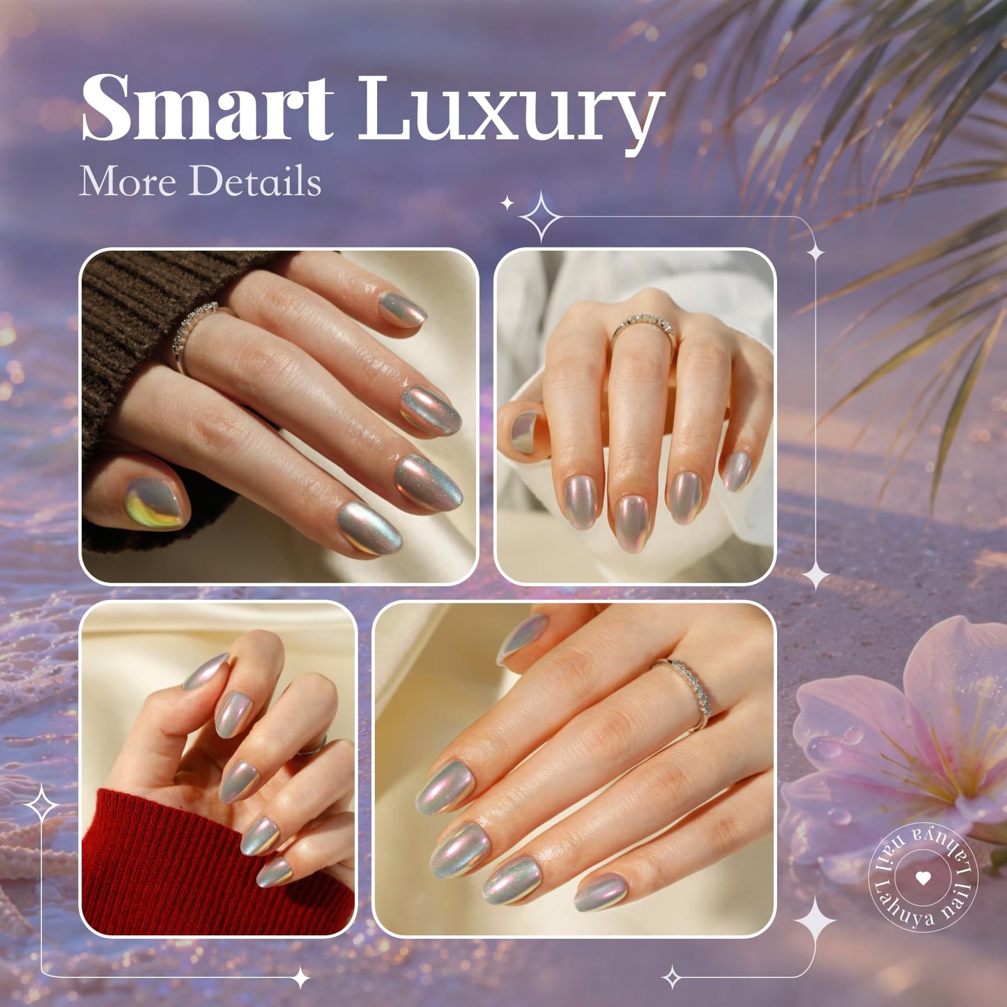 Lahuya Press On Nails - Aurora Pearl | Nail Artist Designed Short Oval Fake Nails with Iridescent Pearl Chrome Finish, Glossy Finish, Salon Quality | 15 Sizes - 30 Nail Kit with Glue
