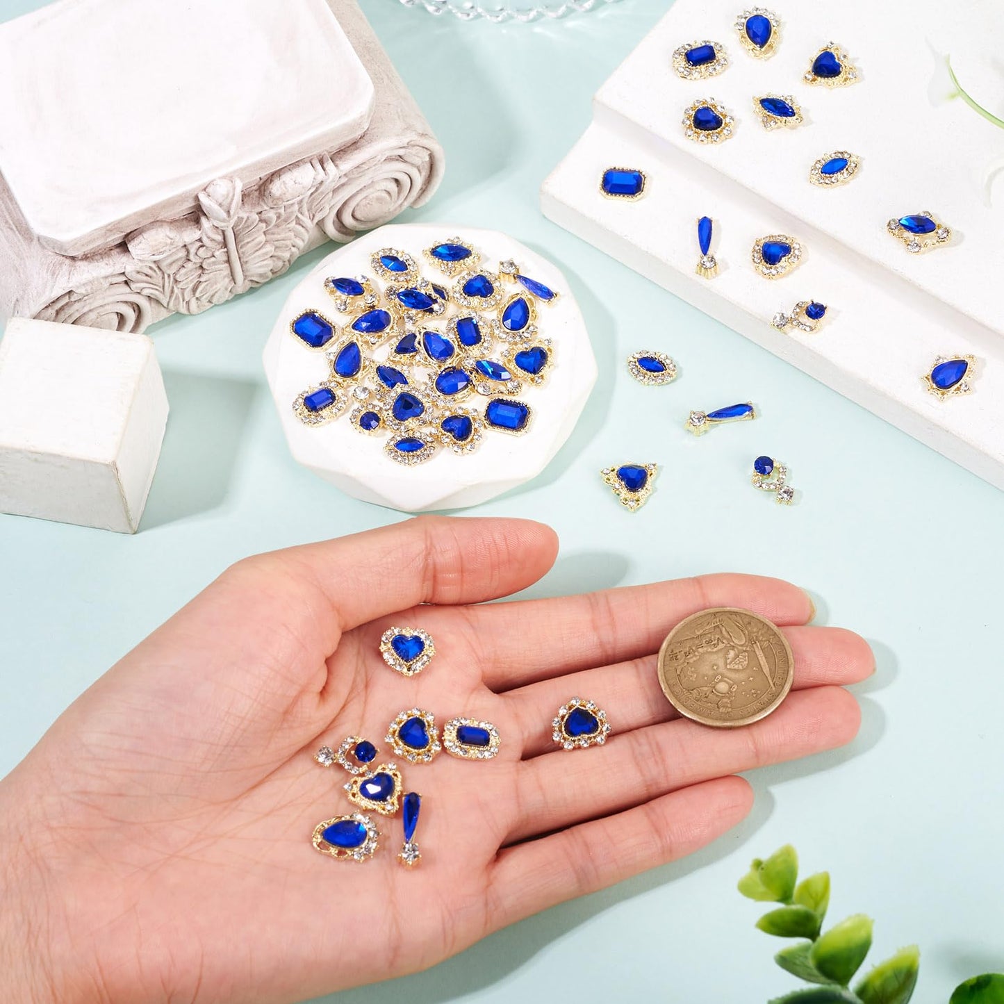 Craftdady 48Pcs Luxury Alloy Nail Rhinestone for DIY Nail Art Work Design Derocation Craft Jewelry Making Blue Theme Horse Eye Heart Teardrop Flat Round Nails Diamond Glass Crystal Charms