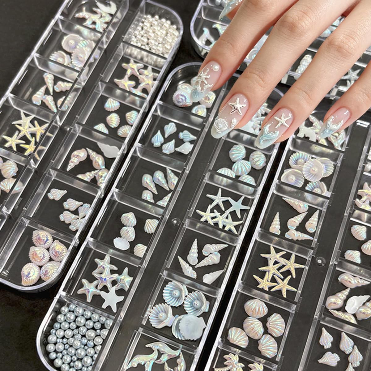Summer Beach Nail Charms, 3D Seashell Starfish Palm Tree Nail Art Accessories with Full Round Pearl, Ocean Theme Nail Gems Beads, Summer Nail Design for Women Crafts DIY Manicure 2Boxes