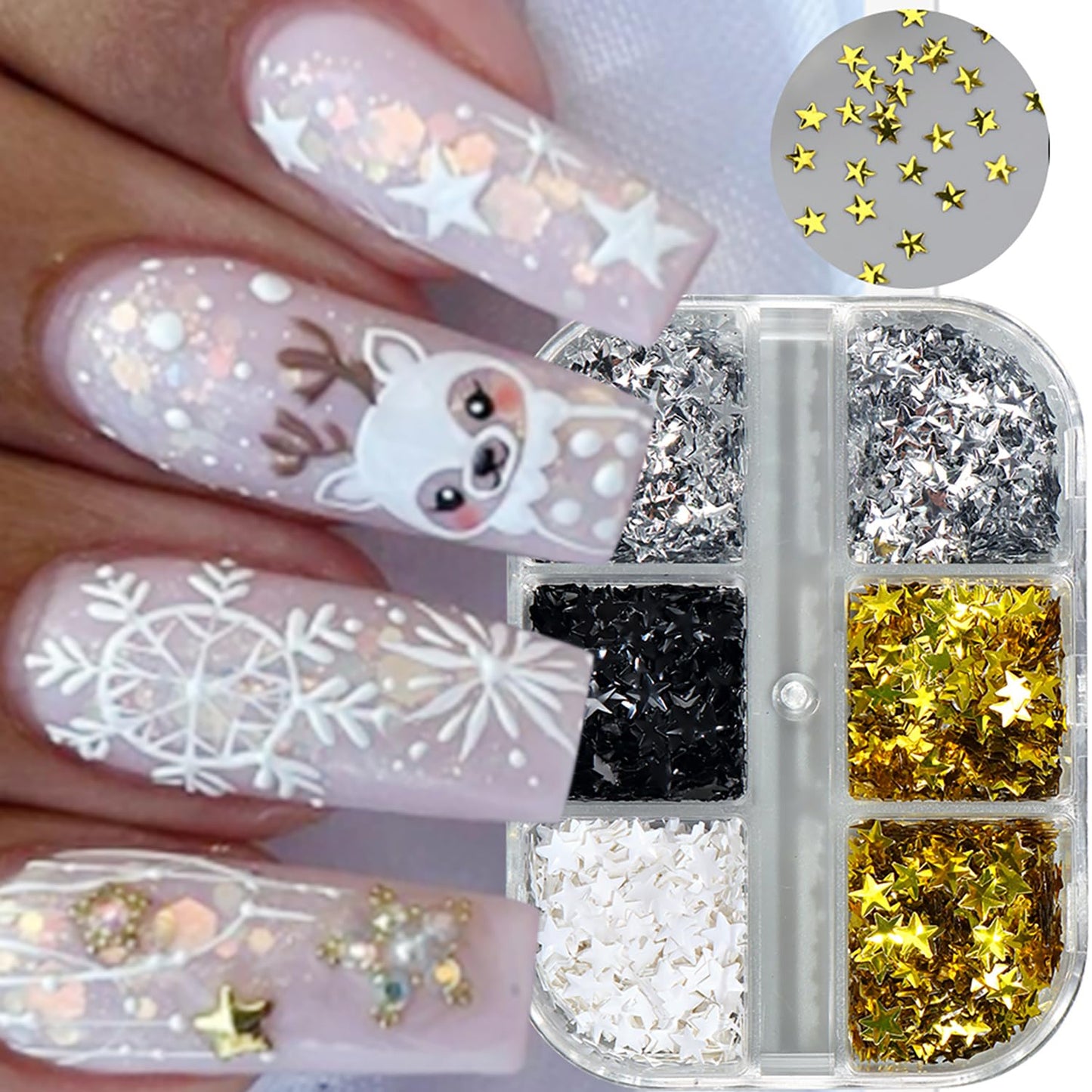 Christmas Nail Art Sequins 3D Stereo Stars Glitter Sequins Black White Gold Silver Star Nail Art Glitter Flakes Charistmas Day Nail Decorations Supplies Winter DIY Manicure Accessories for Women