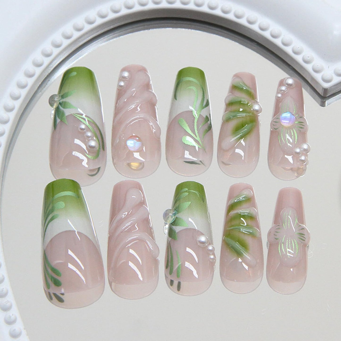 24Pcs Green French Press on Nails with 3D Vine Gradient Pearl Design False Nails French Nails Tips Leaves Floral Press on Handmade Full Cover Glossy Reusable DIY Nails for Women&Girl