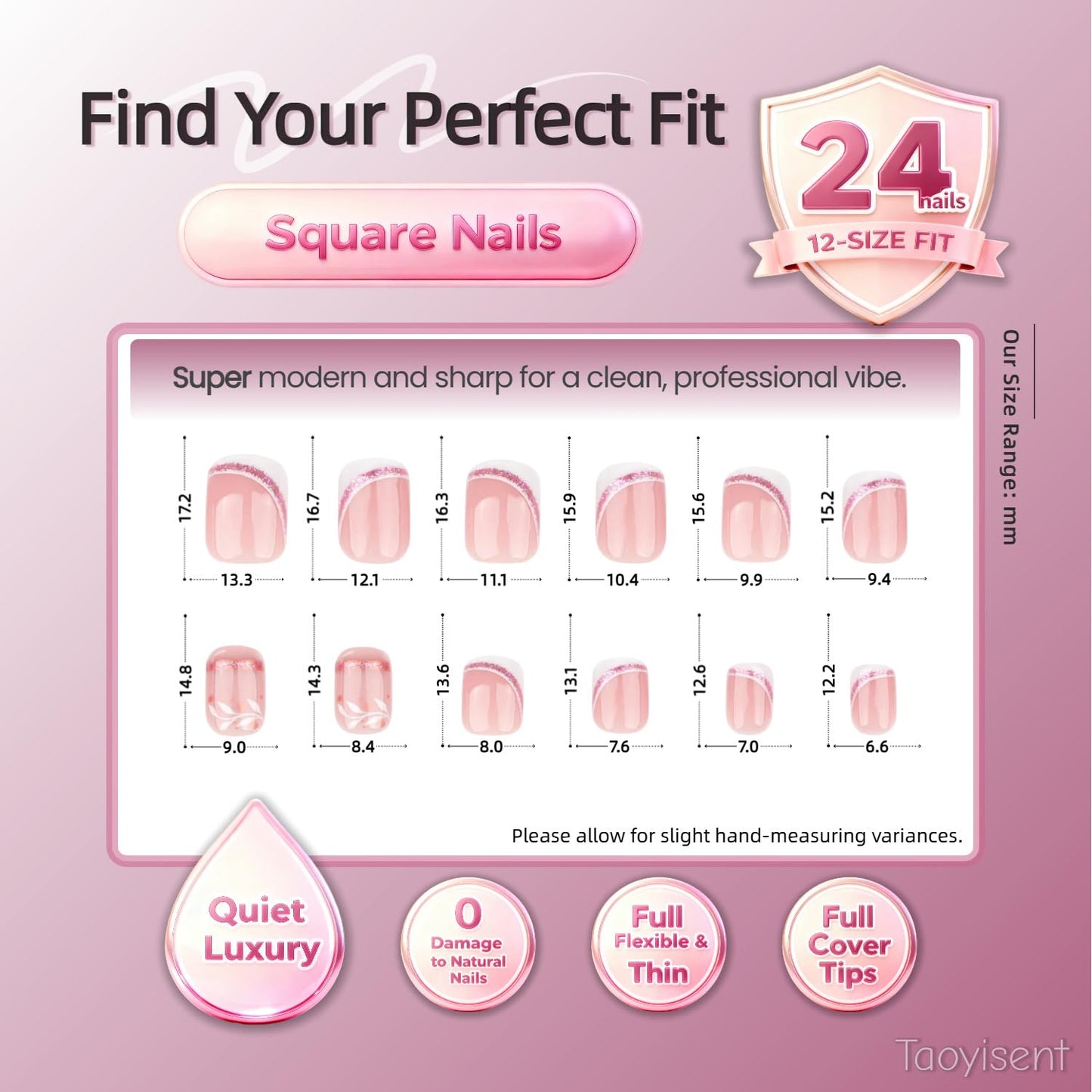 Taoyisent Nude Pink French Short Square Press On Nails, Short Square Fake Nails with Rose Gold Lines and Floral Design, Elegant Reusable Press On Nail Kit for Women, 24PCS French Manicure Set