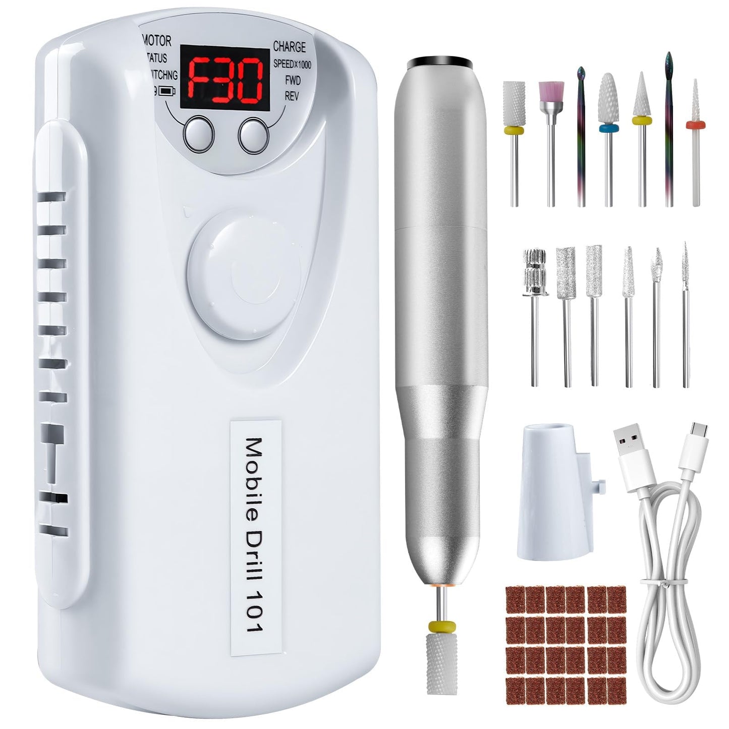 Droyek Electric Nail Drill Portable Nail Drill Professional 30000 RPM 13 Salon Quality Drill bits 50 Sanding Bands Portable & Low Noise for Acrylic Nails Gel Polishing Removing Bits Kit for Home Use