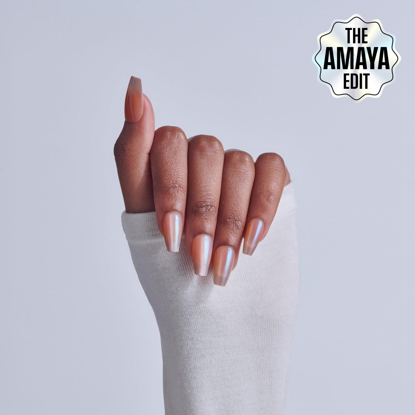 Kiss Glam, Press On Nails, Nail glue included, 'Dusk Mirage', Beige, Medium Size, Coffin Shape, Includes 32 Nails, 2g Glue, 1 Manicure Stick, 1 Mini File