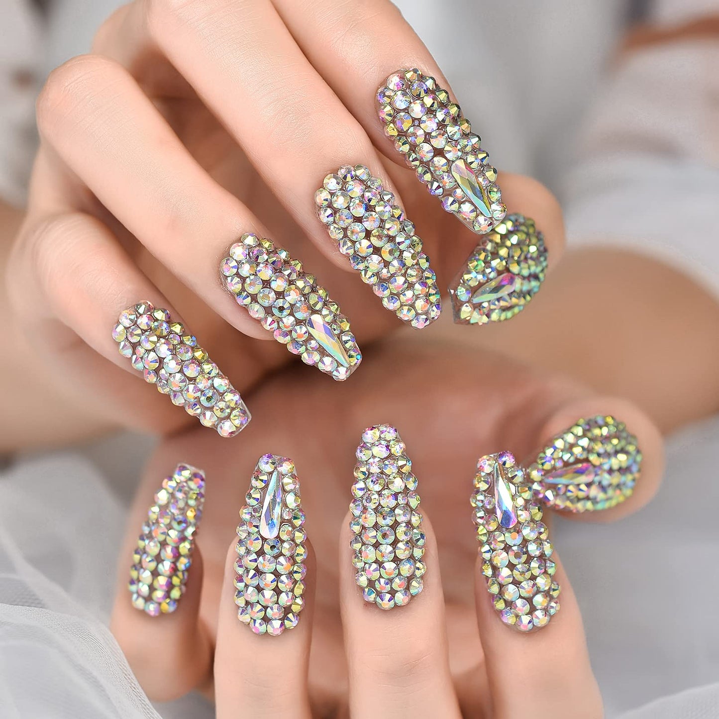 ELEVENAIL 24pcs Luxurious 3D Crystal Press on Nails Long Coffin False Nails Salon DIY Manicure Reusable Fake Acrylic Diamonds Handmade Nail Art Tips Gifts for Women Girls