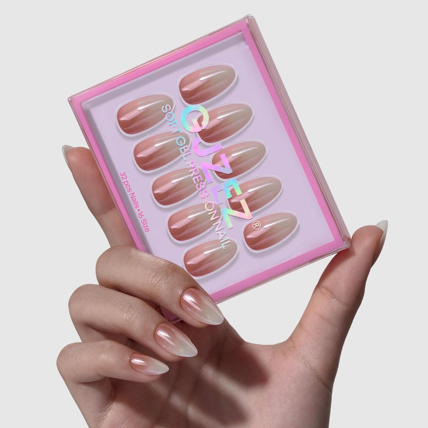 Chrome Press On Nails Short Almond - GJZEZ Soft Gel Glazed Donut Fake Nails Press Ons with Ombre Deign, Nude to Milky White Spring Summer Reusable Faux Nail Gifts for Women in 16 Sizes - 32PCS