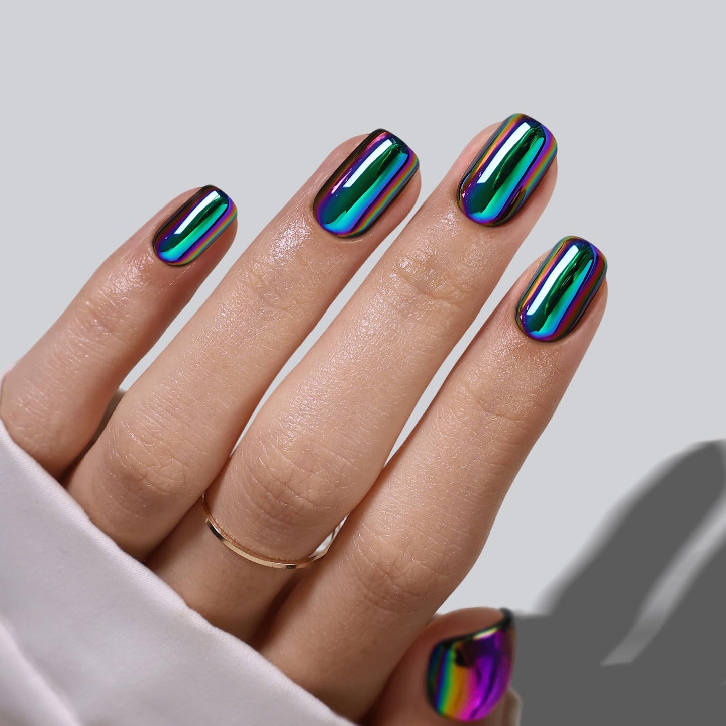 Metallic Chrome Press on Nails Squoval - SHANGMENG Blue Purple Holo Short Nails for Women Gift, Soft Gel Glossy Glue on Nails with Glue in 16 Sizes - 32 Reusable Fake Nails Kit, Neon Noir
