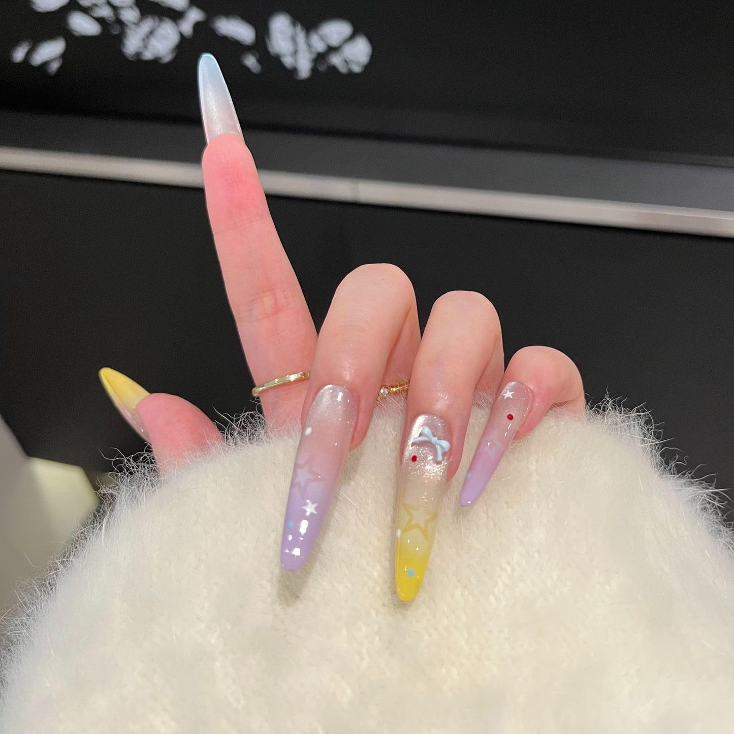 Dreamy Pastel Ombre Press On Nails, Star & Bow Embellished Extra Long Stiletto Fake Nails, Reusable Manicure Set (M)