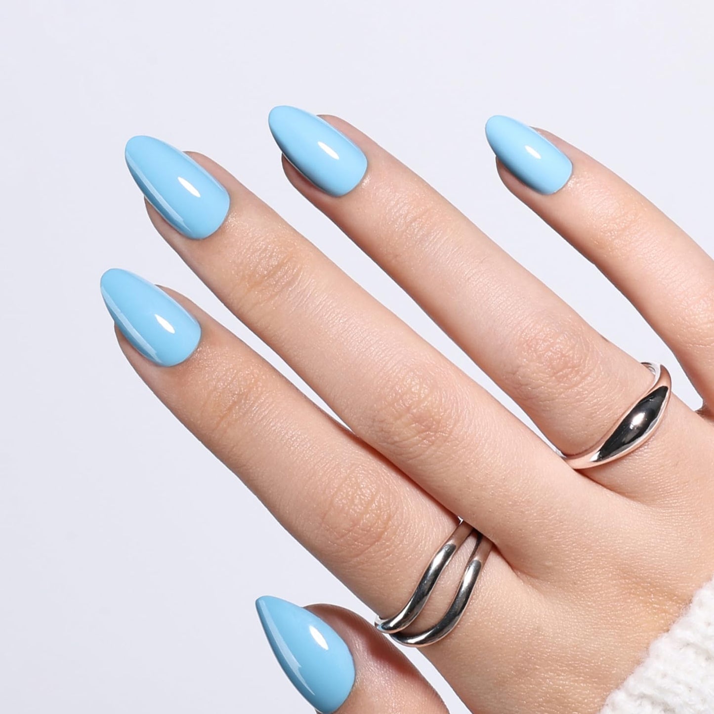 Blue Press On Nails - Short Almond Press On Nails, Light Blue Reusable Fake Nails with Nail Glue for Women, 32 Pieces, 16 Sizes