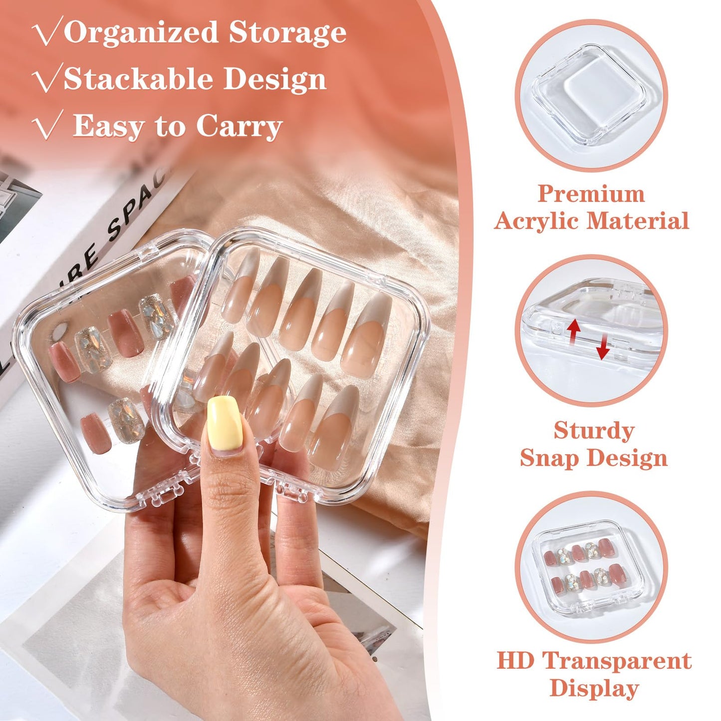 Aemygo 48 Sets Press On Nail Storage Box, Artificial Nail Display Case Acrylic Nail Boxes Press On Nail Packaging Box, Adhesive Double Sided Tape Nail Box for Nail Salon（4 Colors）