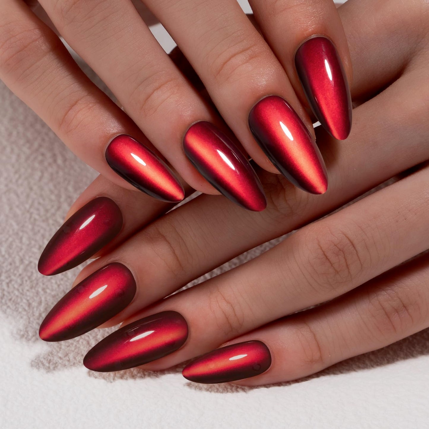 CurvLife Soft Gel Almond Press on Nails,Long Glossy Red Cat Eye Fake Nails with Apricot Design, Full Cover False Nails Tips Glossy Nude Glue on Christmas Nails Artificial Stick on Nails for Women