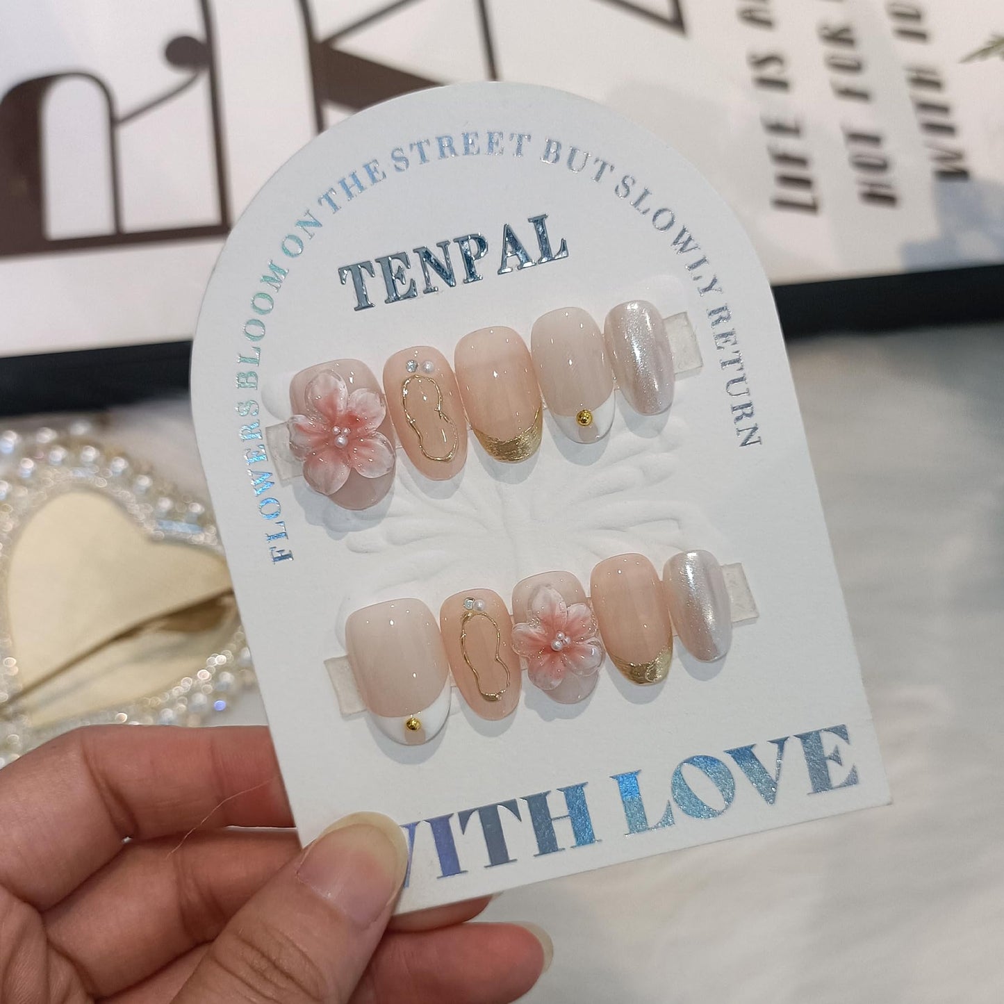 TENPAL Handmade Short Oval Fake Nails Kits,Glossy 3D Floral Iridescent White French Tips Press on Nails,Nude Pink Soft Gel Fake Nails 10pcs Kits,Full Cover Cute Nails with Designs for Daily(L Sizes)