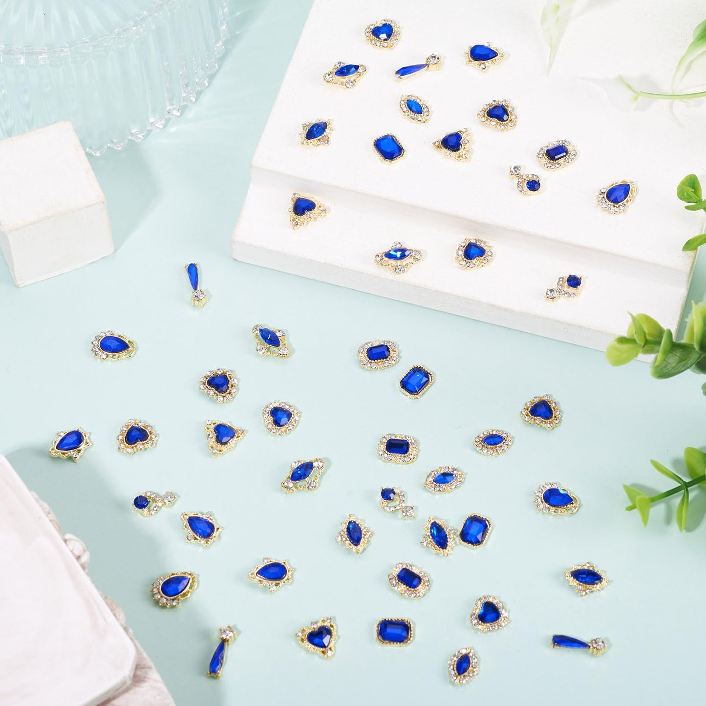 Craftdady 48Pcs Luxury Alloy Nail Rhinestone for DIY Nail Art Work Design Derocation Craft Jewelry Making Blue Theme Horse Eye Heart Teardrop Flat Round Nails Diamond Glass Crystal Charms