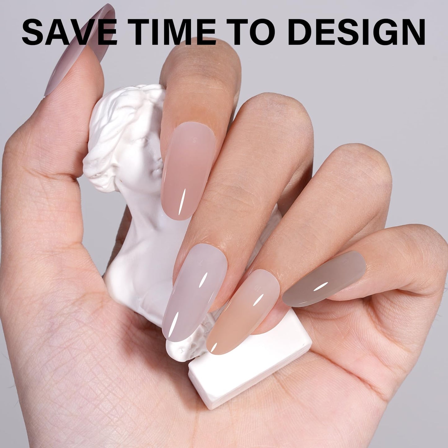 AILLSA Medium Gel Nail Tips Oval Shape 5 Natural Colors 4 in 1 False Nail Tips Set Press on Nails 140 PCS Pre-applied Tip Primer