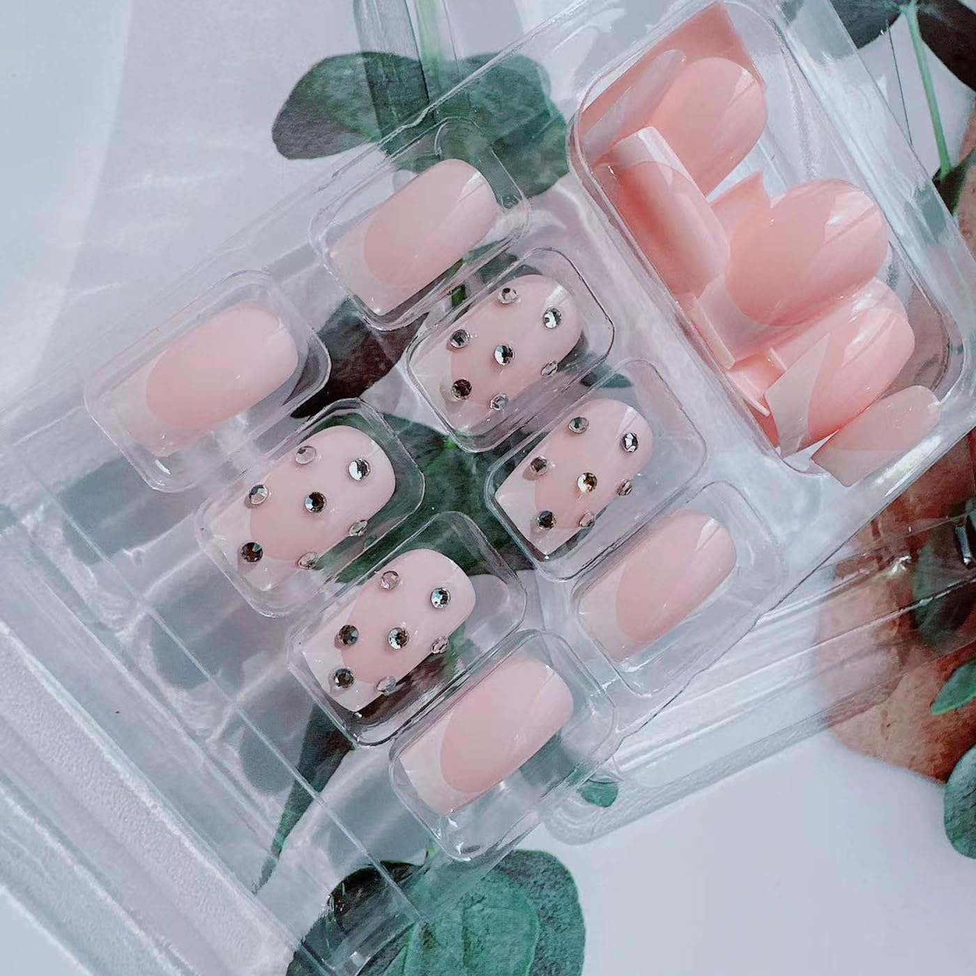 24pcs Press on Nails Short Square Glossy Pink French False Nails with Rhinestone Design Full Cover Fake Nails Stick on Nails White French Nail Tips False Nails Gel Glue on Nail for Women Girls