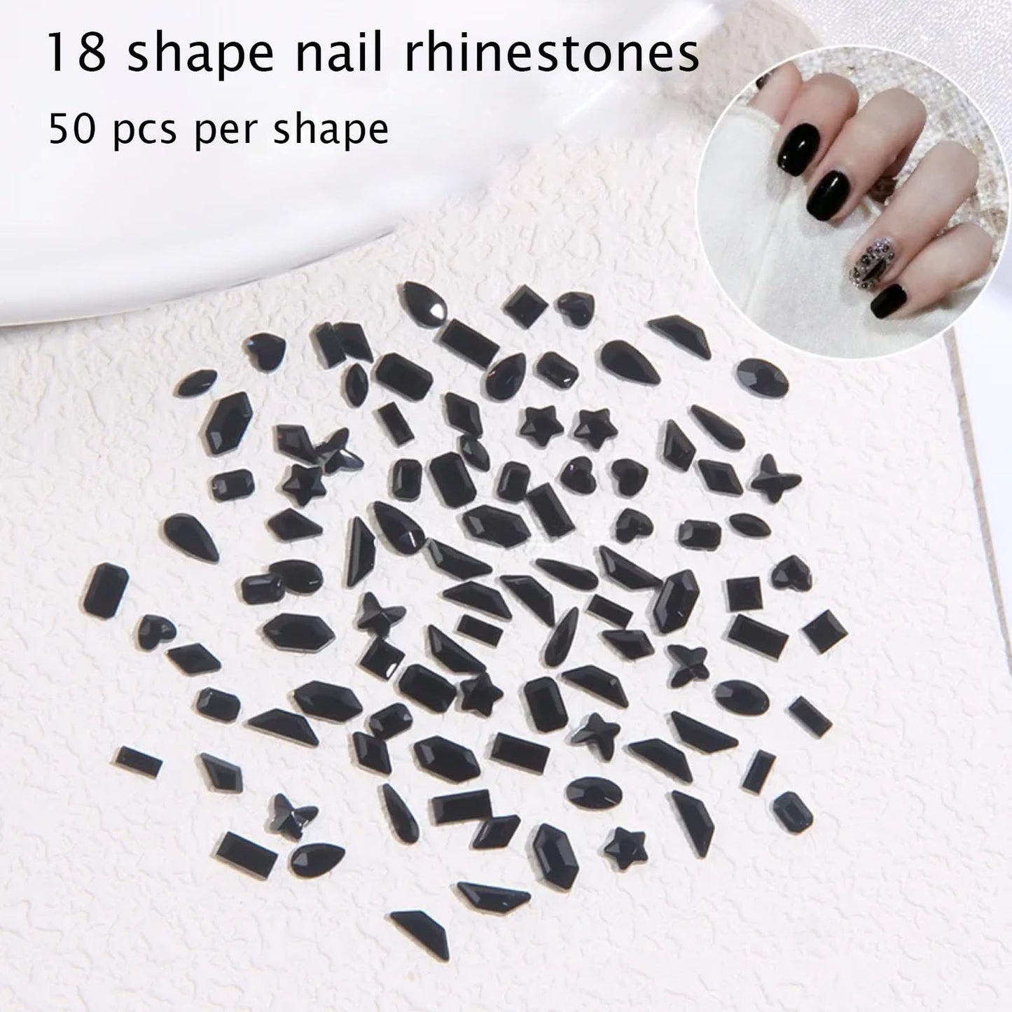 Kaipheiquan Nail Rhinestones Kit, 18 Types of 900 Special-Shaped Nail Crystal + 3200 Flat-Bottomed Nail Rhinestones, Black Nail Rhinestones for Nail Art DIY with Tweezer + Pickup Pen