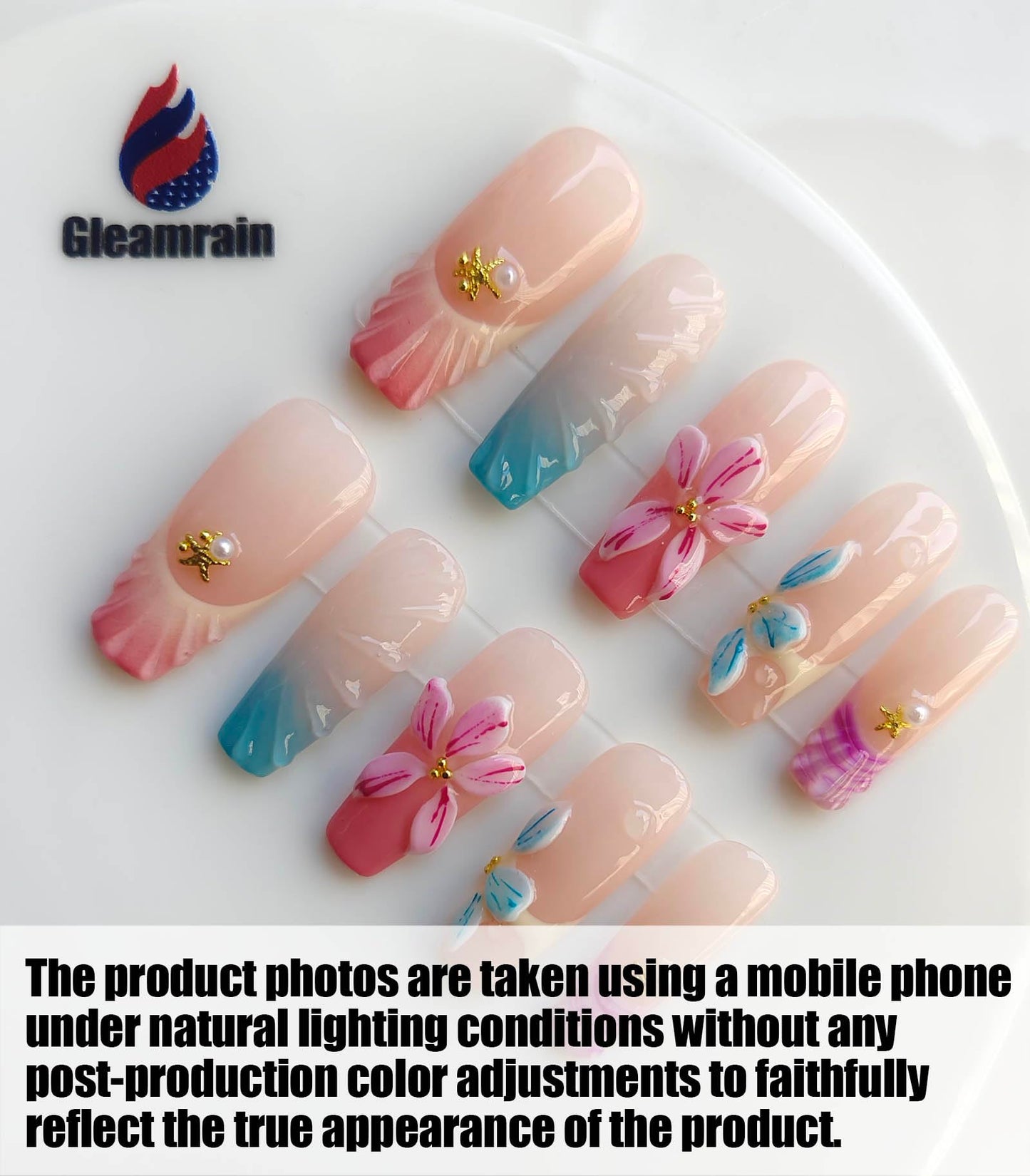 Gleamrain 10pcs Handmade Long Press-on Nails Coffin Shape (M Size) with 3D Flower Designs for Women Suitable for Summer Vacation, Beach Proms, Parties or Daily Wear, D101