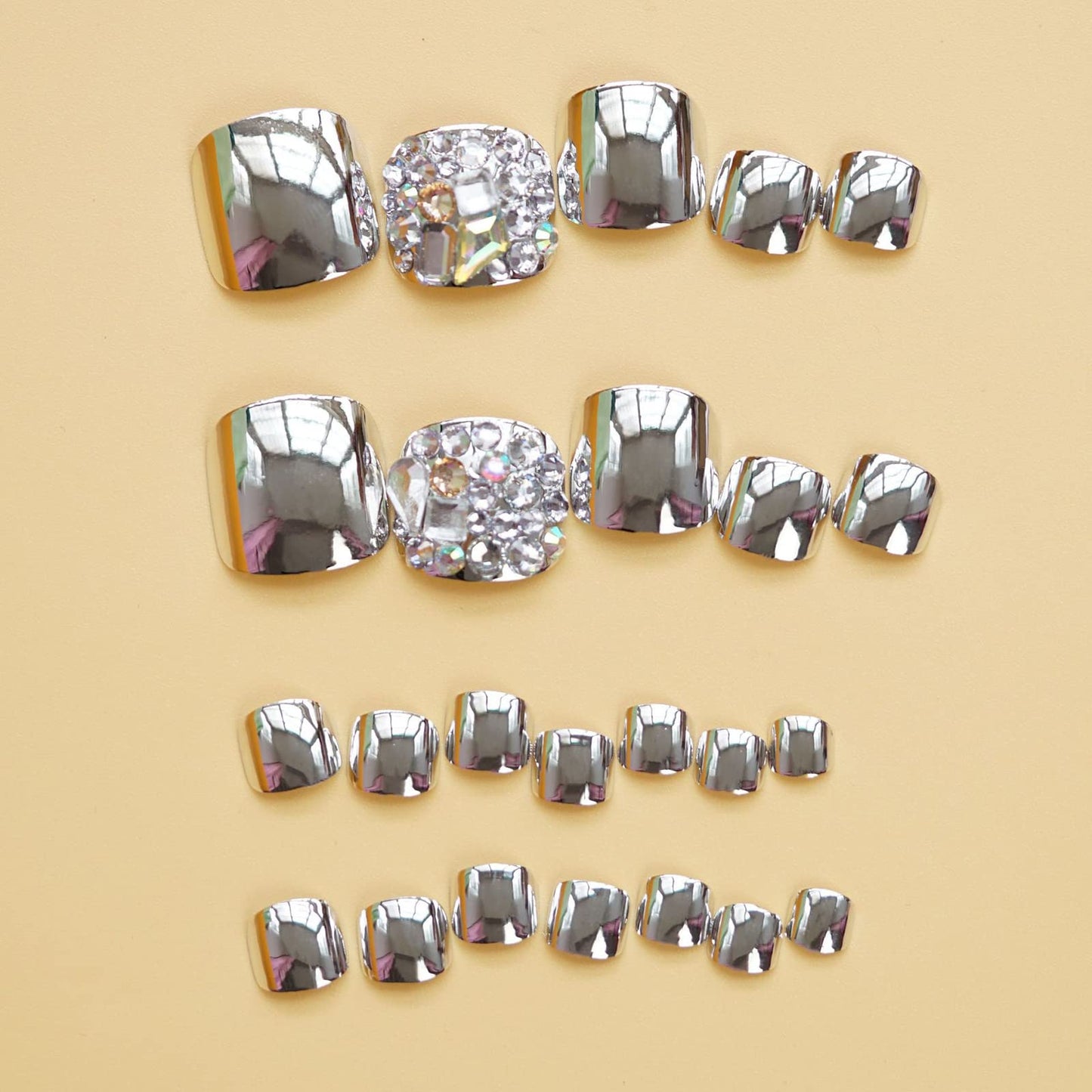 MISUD Press on Nails - Toe Glue on Nails with Silver Chrome, Acrylic Toenails Rhinestone Design 24 pcs
