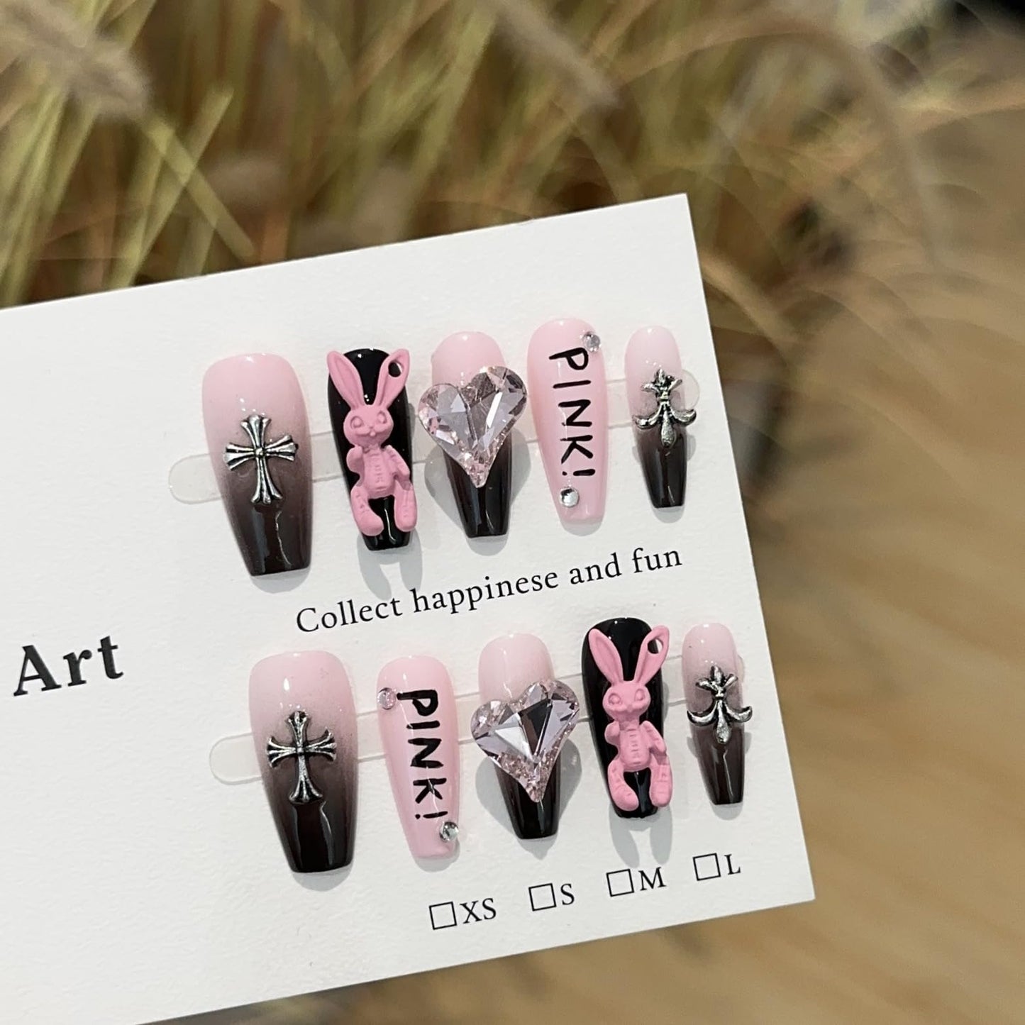 fake nails with 3D pink bunny & black cross charms, sweet yet edgy pink & black ombre design, stylish fake nails for women & girls (Medium)