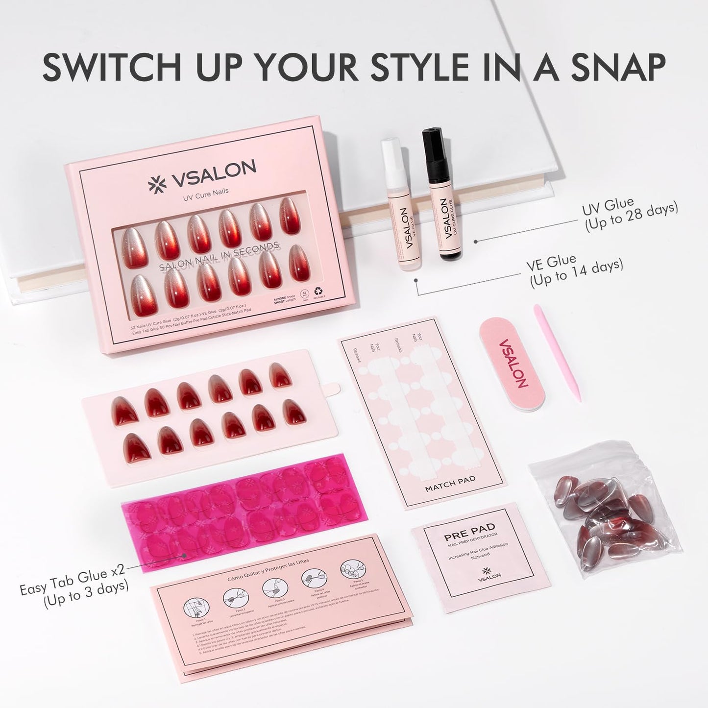 VSALON Press-On Nails Short Almond Red Ombre Cat Eye Fake Nails, 32 PCS in 16 Sizes, Reusable Nail Kit with Long-Lasting UV Glue, Adhesive Tabs & Nail Glue & Nail Lamp