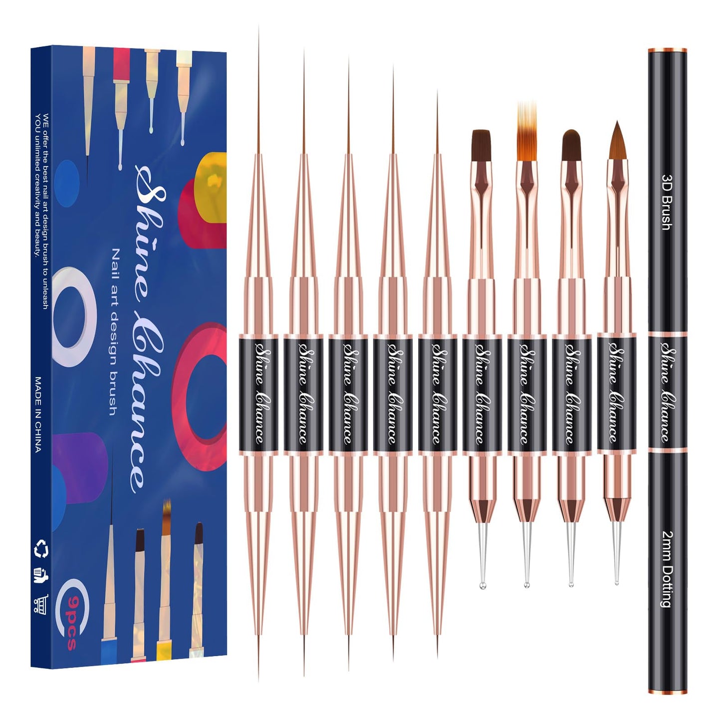 Shine Chance 9Pcs Nail Art Brushes Set, Professional Double-Ended Acrylic Liner Detail Brushes for Gel Polish Art Nail, 3D Art Nail Dotting Brush Pen for Manicure DIY Home Salon, Black