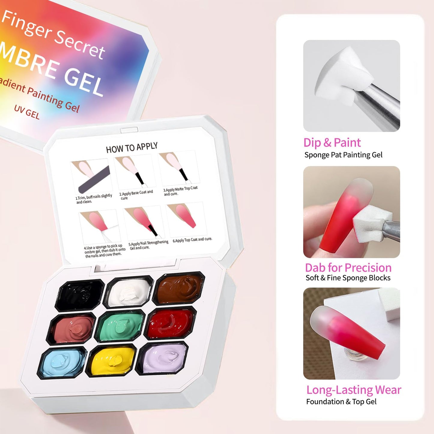 AOBOO Ombre Gel Nail Polish with Metal Grabber,100pcs Nail Sponges for Nail Pat Painting Gradient Blooming gel ombre & pat paint for nails Multistyle French Manicure Nail Art