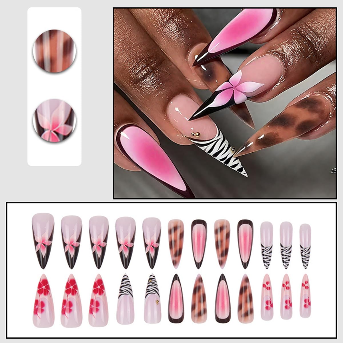 Long Stiletto Press on Nails Pink Flower Fake Nails Tortoise Design Zebra French Tip Press Ons Extra Long Full Cover Glossy Nails for Women Manicure 24PCS