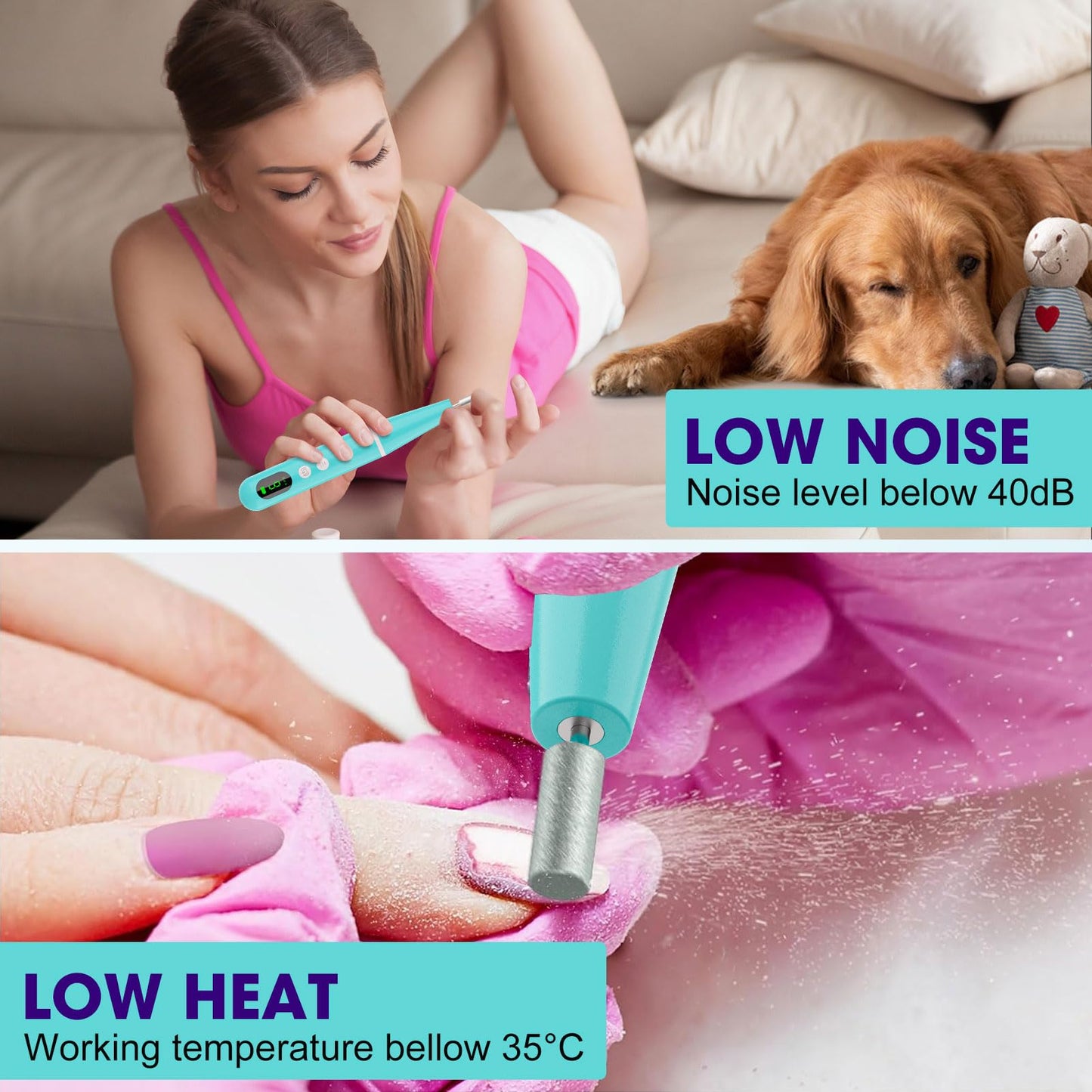 Cordless Nail Drill, Super Lightweight Electric Nail File, Low Noise Electric Nail Drill with 9 Speed & LCD Display, Toenail Grinder for Thick Nail Toenail Cuticle Human Women Baby Pets
