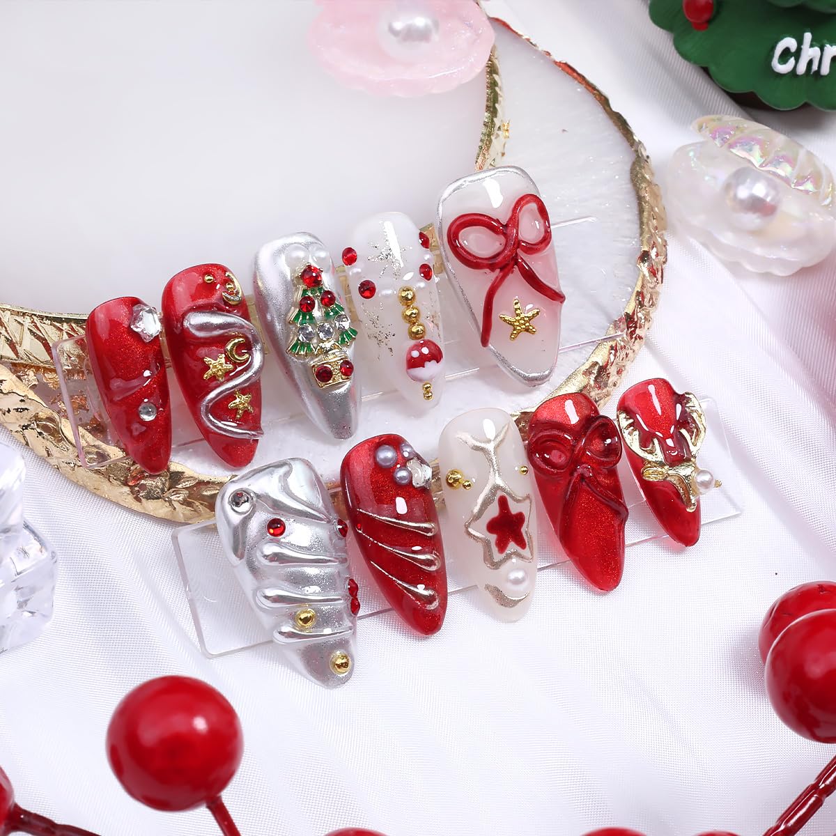 10Pcs Christmas Handmade Press on Nails Medium Almond Fake Nails Red Silver Y2k False Nails with Elk Xmas Trees Gems Design 3D Bow Star Stick on Nails Winter Glitter Full Cover Glue on Nail for Women