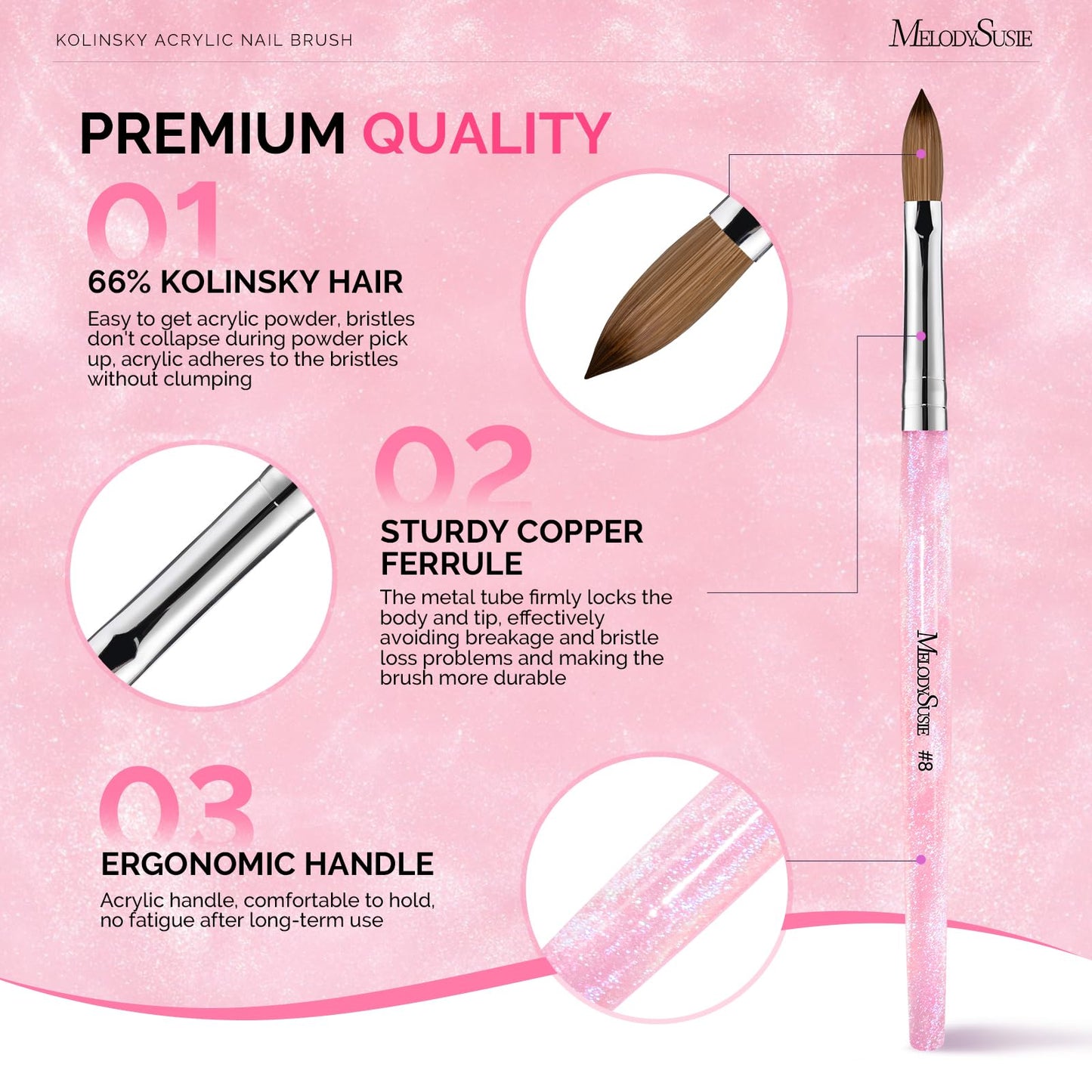 MelodySusie Kolinsky Acrylic Nail Brush,66% Kolinsky Hair Professional Nail Art Brush for Acrylic Application, Aurora Collection Fine Glitter Brush, Size 8