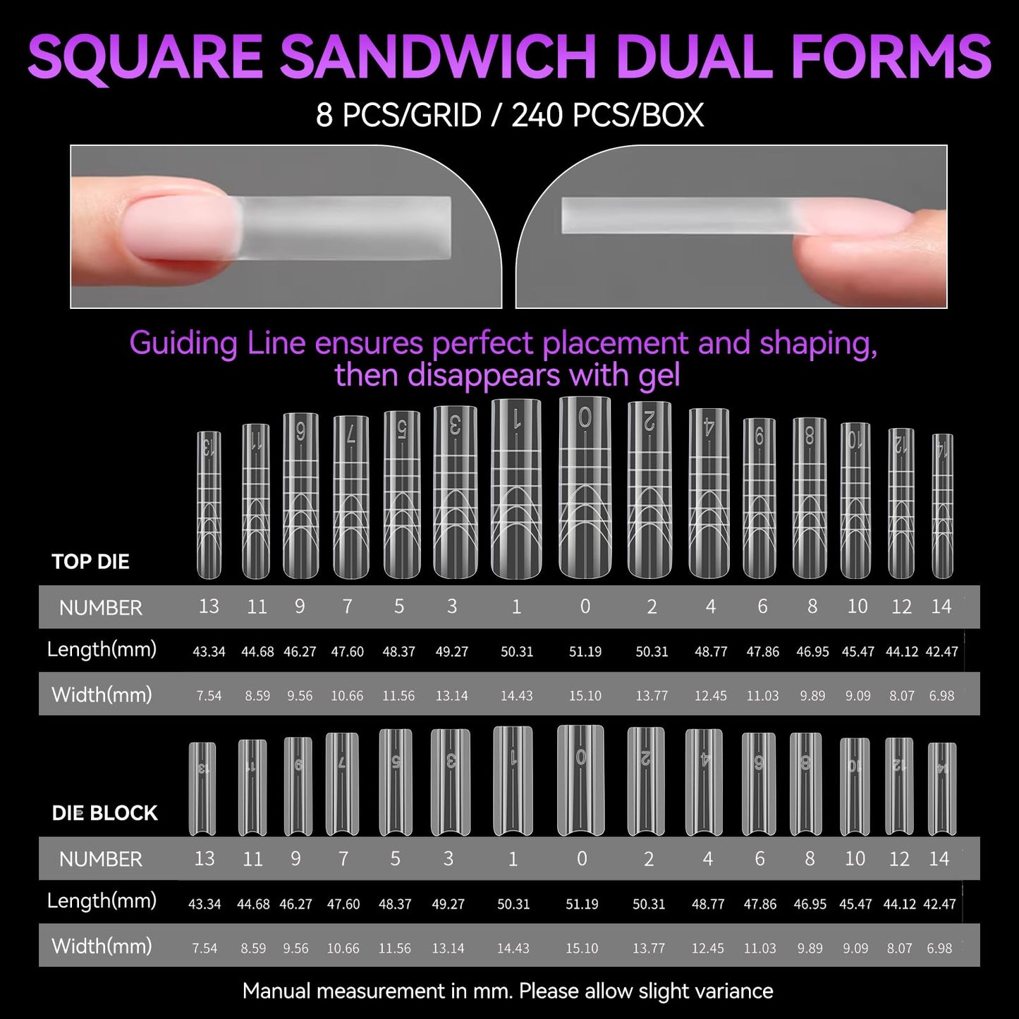 Gelike EC Sandwich Dual Forms for Polygel: Reusable Square Dual Form for Builder Gel & Acrylic Nails - 240pcs 15 Size with Guidelines to Create Short/Medium/Long Styles - C-Curve with Straight Sides