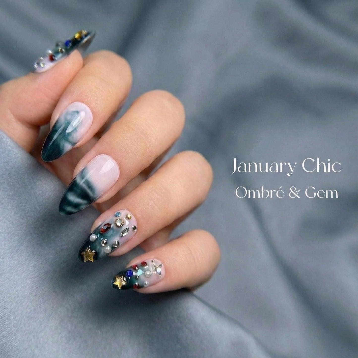 Ombre Blue Press on Nails, Medium Almond, French Tip, Acrylic Nail Kit for Women, Cute, Y2K & Luxury Style, Decorative 3D Gems, Salon Quality, 24 pcs Nailinism