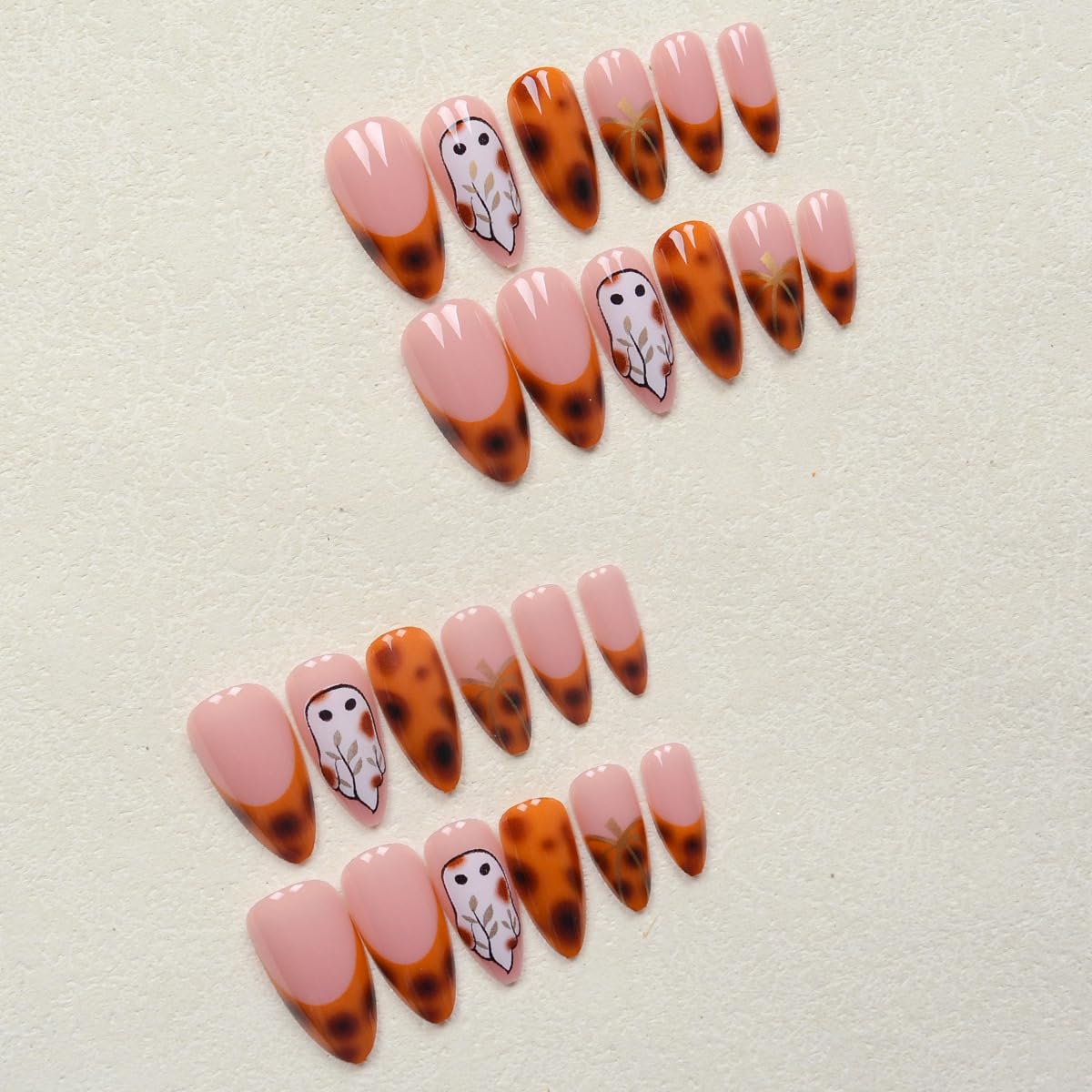 24 Pcs Halloween Press on Nails Almond Medium Ghost Fake Nails with Leopard Pumpkin Designs French Tip False Nsils Glue on Nail Brown Glossy Cute Halloween Artificial Nails for Women Manicure Tips