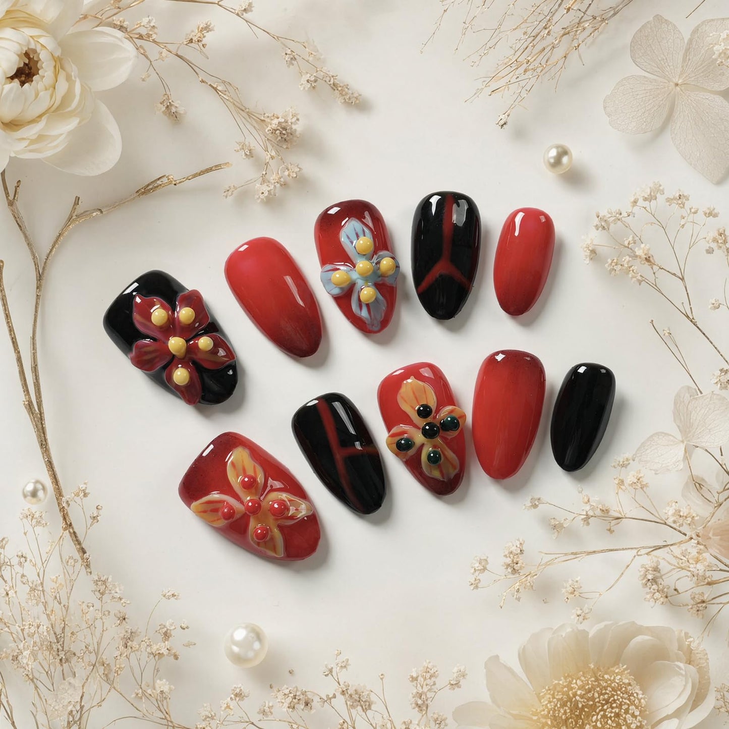 Tesytto Press on Nails 3D Floral, 10Pcs Handmade Short Almond Fake Nails Red & Black, 3D Carved Flowers Design Reusable Stick on Nail Tips for Women, Salon Quality (Crimson Flame Shadow,M)