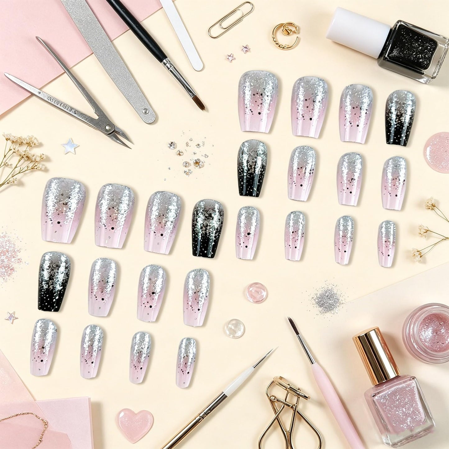 Black French Tips Press on Nails Medium Coffin Fake Nails Glossy Pink Ombre False Nail Silver Sparkle Reusable Glue on Artificial Fingernails for Women Party Style