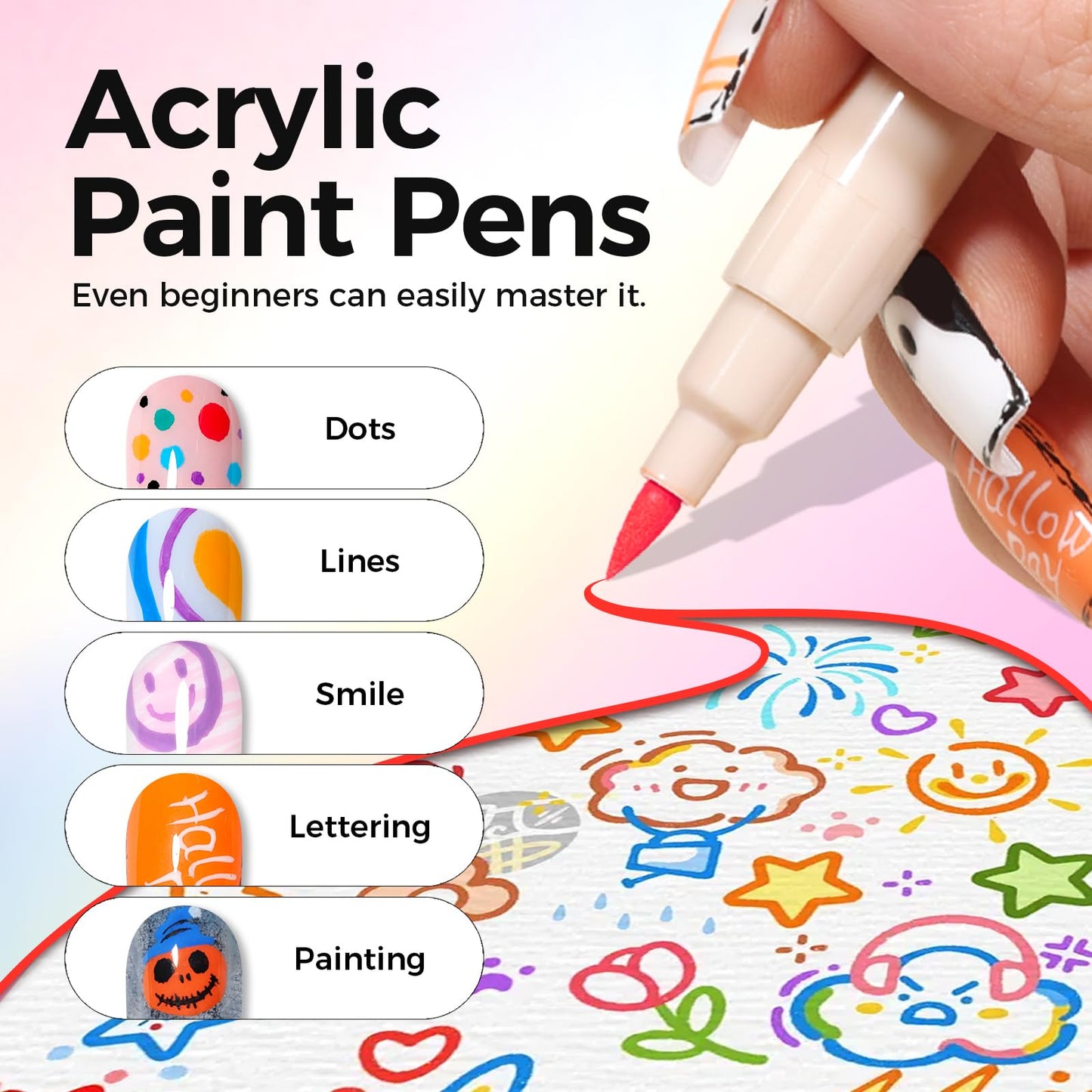 GELLAKTIK 18 Colors Nail Art Pens Set, 3D Nail Polish Pens Quick-Drying Acrylic Paint Markers, Dotting Liner Brush for DIY Nail Design, Home & Salon Manicure Tools
