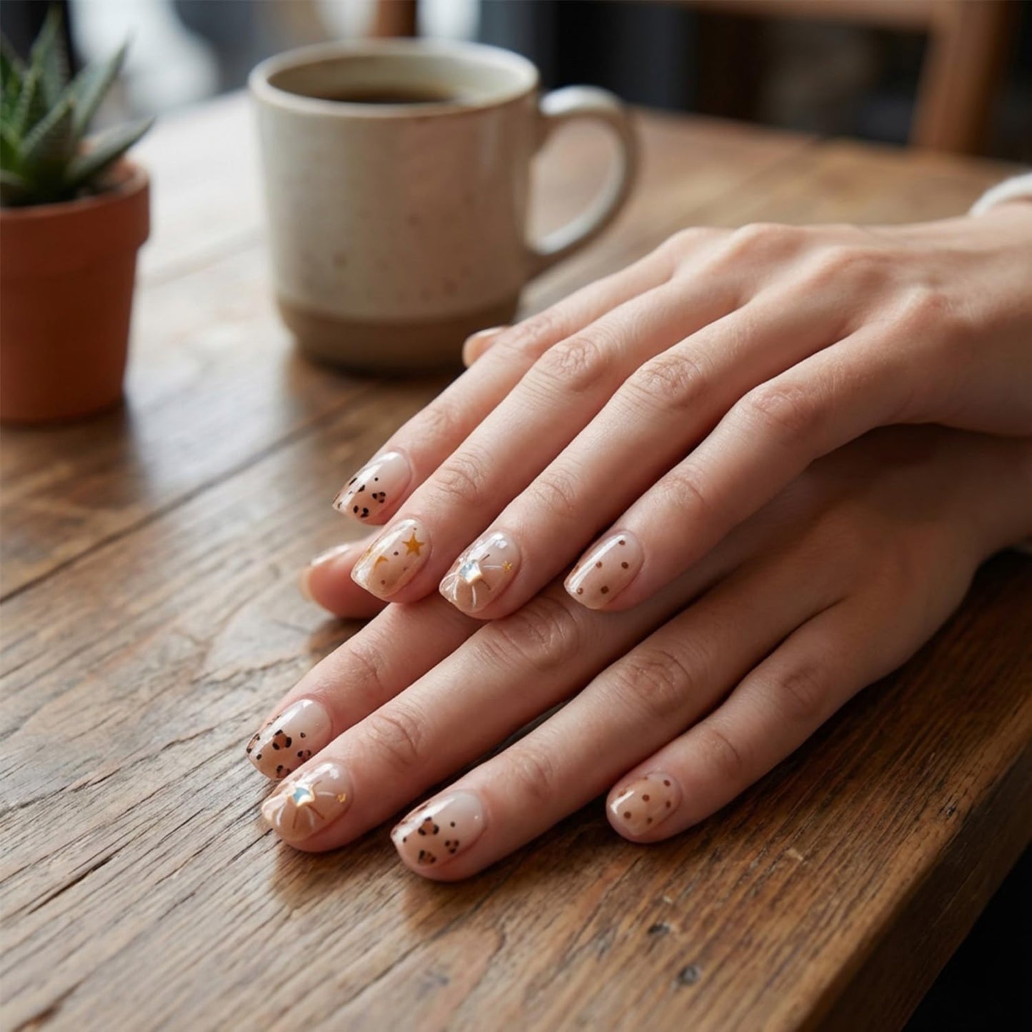 3D Nude Leopard Press On Nails, Short Oval Neutral Beige False Nails with Star Rhinestone Design, Glossy Textured On Nails for Women, Chic Everyday Manicure Set, 30PCS (The sizing runs small)