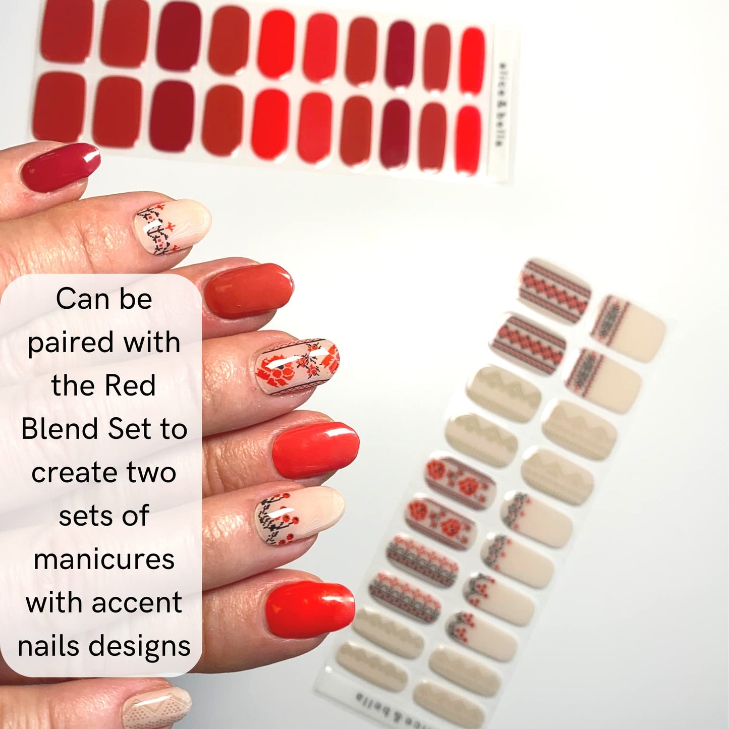 ALICE & BELLA Semi Cured Gel Nail Strips-20 PCS Christmas Tri-Color Cross Stiched Design Nail Strengthening Gel Stickers, Use with UV Light Lamp, Salon Quality Manicure Wraps (Kvitka)