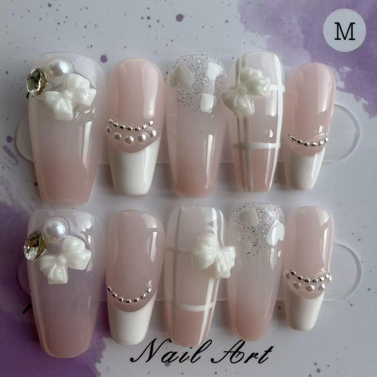Handmade Wearing Armor Light Pink High end Style Atmosphere Bow 3D Relief Nail Patch Medium Size