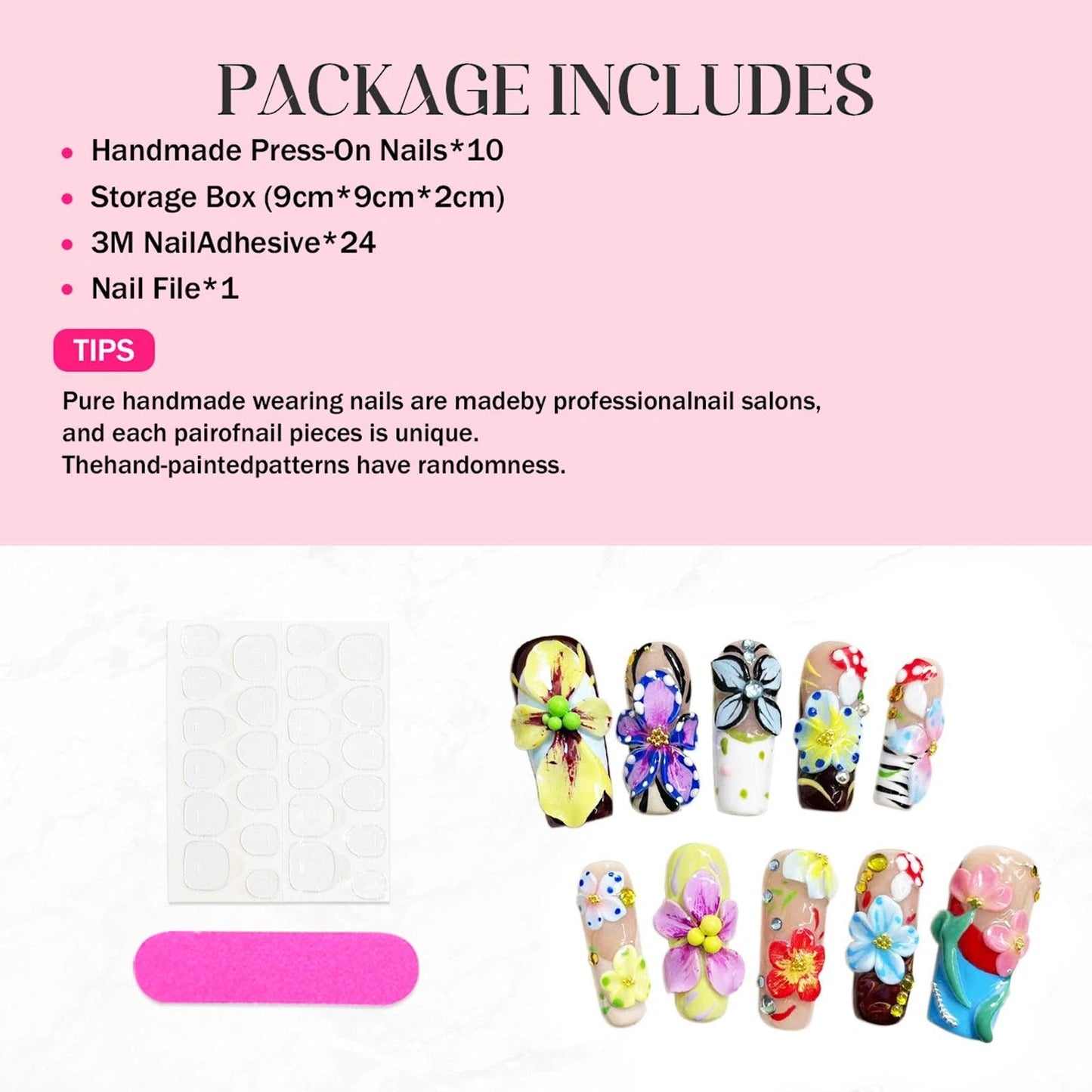 Handmade 3D Floral Art Colorful Square Press On Nails, Sweet Rhinestone Artisan Nails Set, Reusable Glossy Press-ons with Tool Kit(XS)