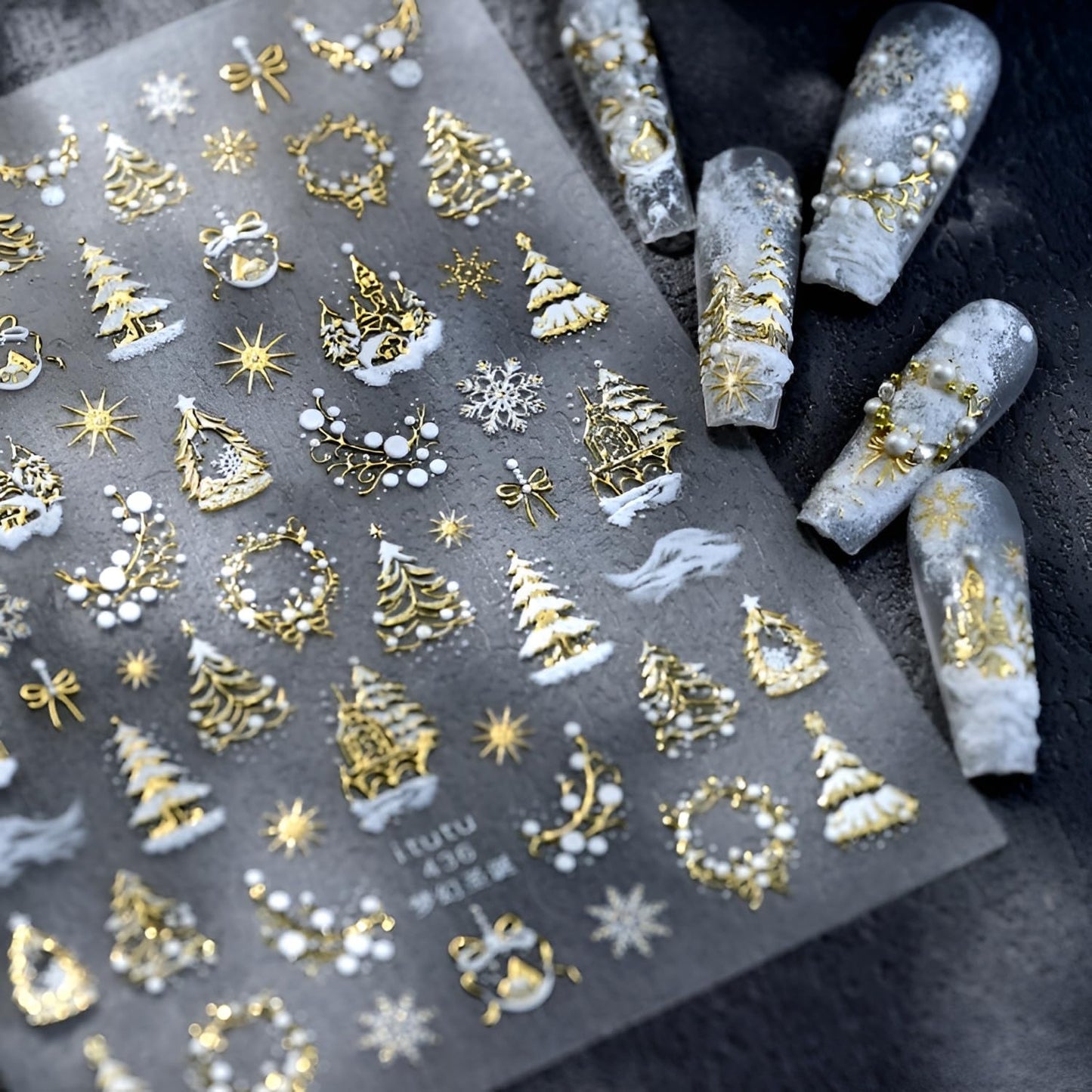 Christmas Nail Art Stickers 5D Embossed Xmas Tree Snowflake Nail Decals White Gold Christmas Nail Stickers for Nail Art Self Adhesive Holiday Nail Supplies Design for Women Girls