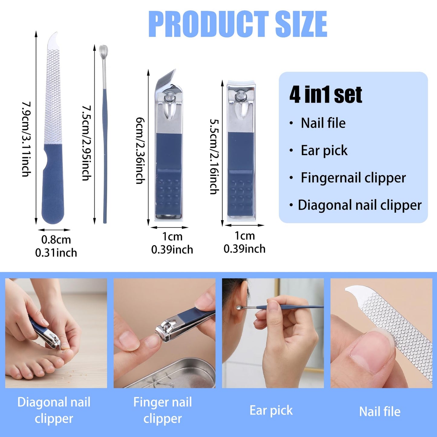 24 Sets Manicure Set Bulk, 4 in 1 Stainless Steel Fingernail Clippers Kit Nail Cutter Trimmers with Travel Case, Professional Pedicure Tools for Personal Care, Gifts, Travel and Home Use, Blue