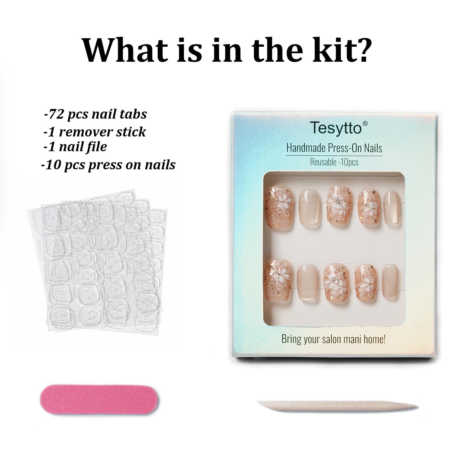 Tesytto Handmade Press on Nails Glitter Short Coffin, Nude Pink with Flower & Butterfly Pattern, Reusable Full Cover False Nails 10Pcs (Warm Glossy Dream,S)
