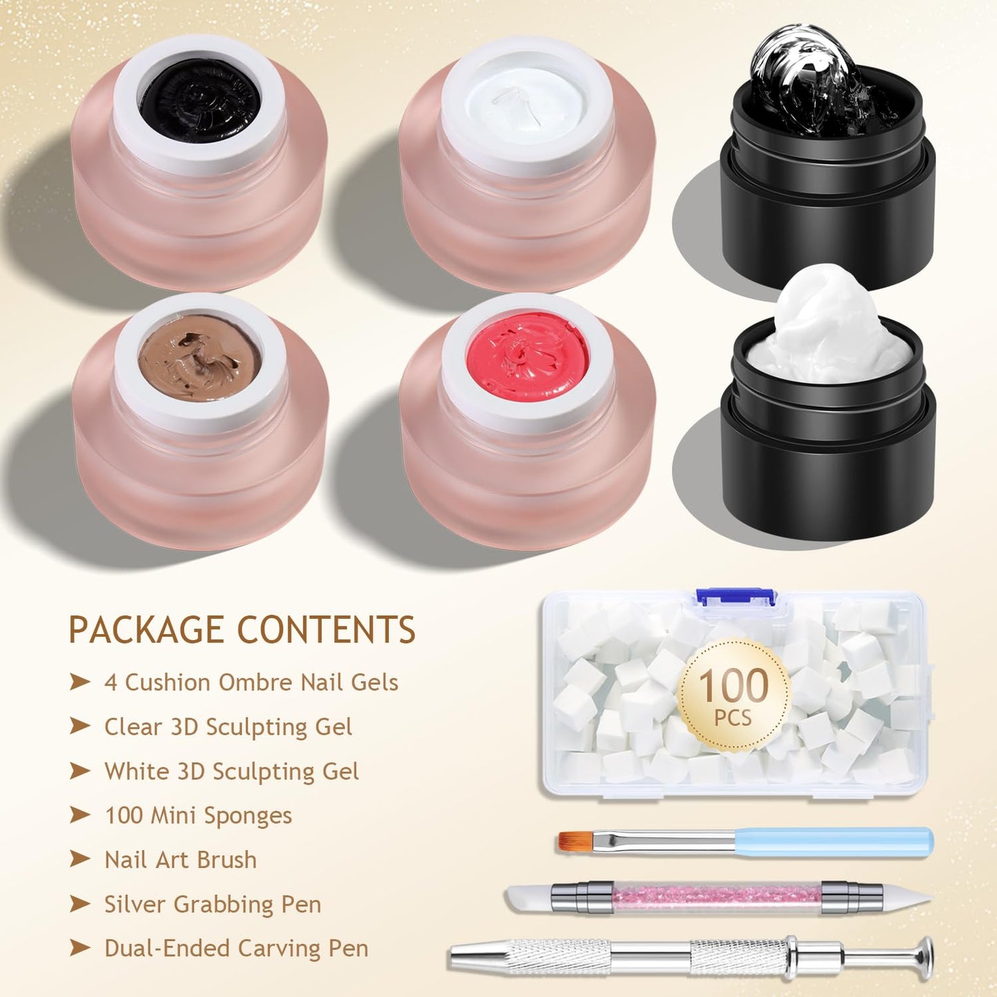 Furtherpretty Cushion Ombre Nail Art Gel Kit with 3D Sculpting Gels, 4 Colors Gradient Painting Gel Polish Set with 100 Sponges, Brush & Carving Pen, Aura Nails DIY Home Manicure Salon Supplies