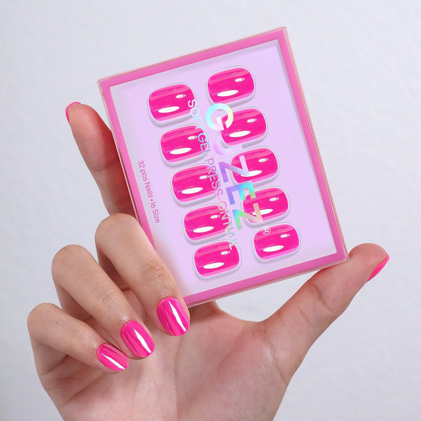 Hot Pink Chrome Press On Nails Extra Short - GJZEZ Soft Gel Shimmer Glazed Donut Square Fake Nail Press Ons, Holographic Pearlescent Iridescent Reusable Glue On Nails in 16 Sizes & 32Pcs, Candy Pink
