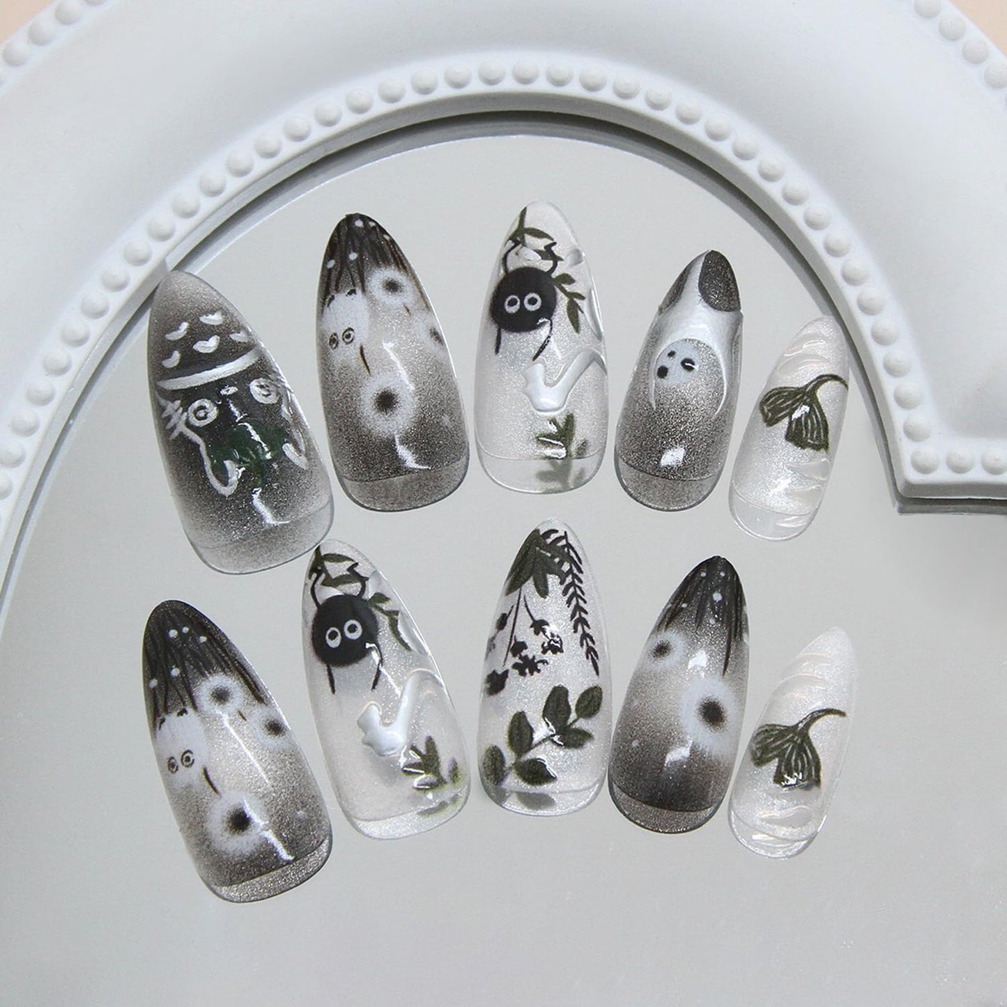 24Pcs Dark Press on Nails Medium Almond French Fake Nails Cute Pattern Design Full Cover Artificial Glue on Nails Almond Shape Acrylic Nails Cute Stick on Nails False Nails for Women DIY Tips
