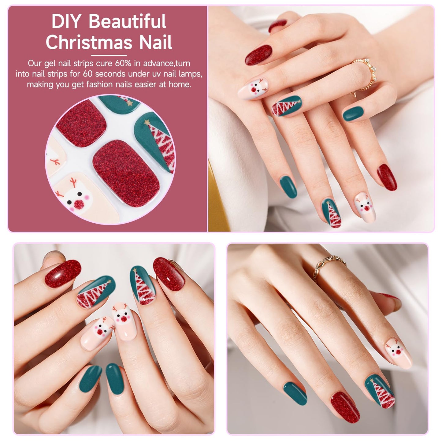 DUKASOU Semi Cured Gel Nail Strips,28 pcs Christmas Nail Stickers for Women,Long Lasting Gel Strips with Any UV Light,Red Green Christmas Sticker for Nails Easy to Apply