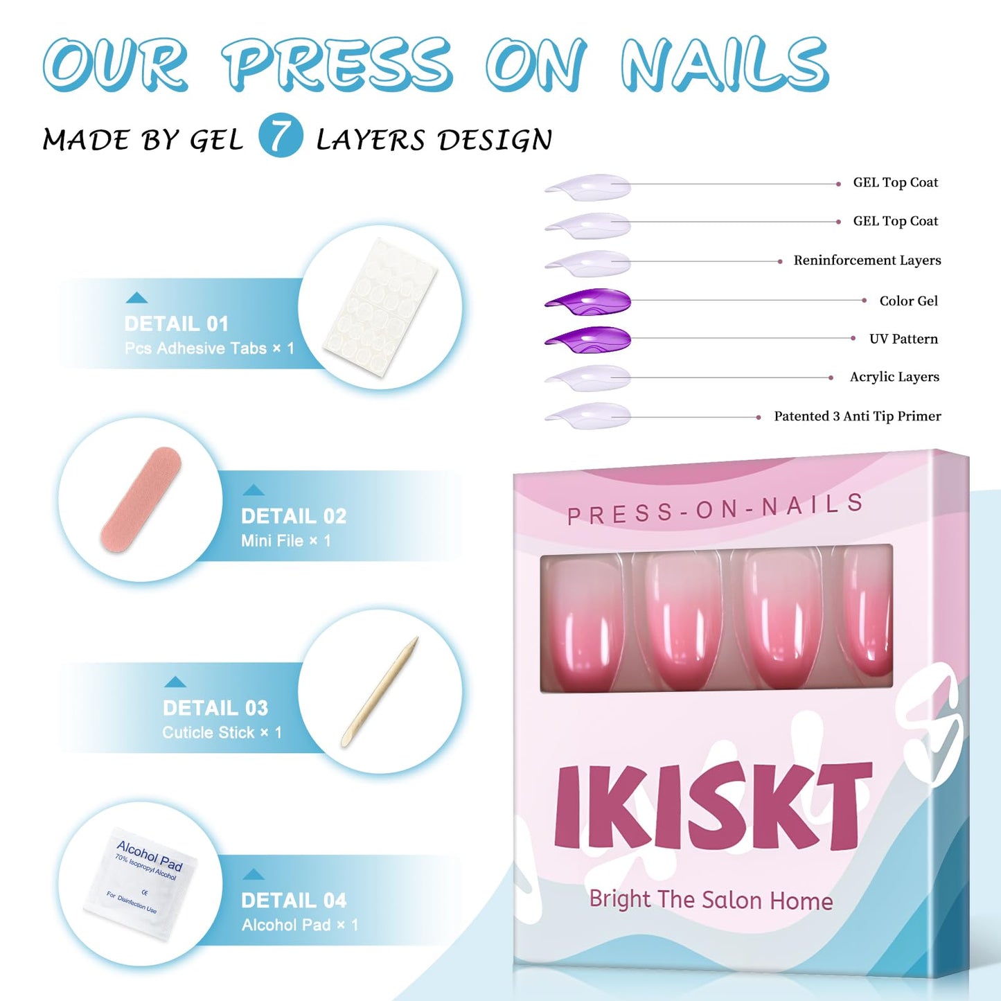 IKISKT Press On Nails - Light Pink Tips | Quality Pink Babyboomer Gradient l UV Medium Almond Shape False Fake Nails, Reusable Glue | 10 Sizes - 24 Nail Kit
