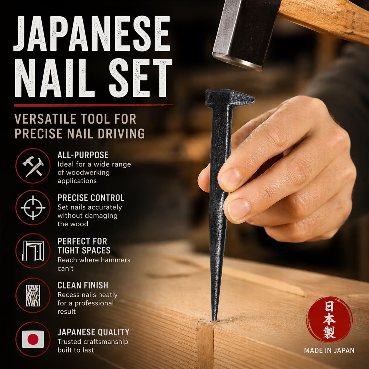 KAKURI Nail Punch Tool for Woodworking 1/8" - Made in Japan - KUGISHIME Japanese Nail Setter, Hevy Duty Japanese Steel - Black