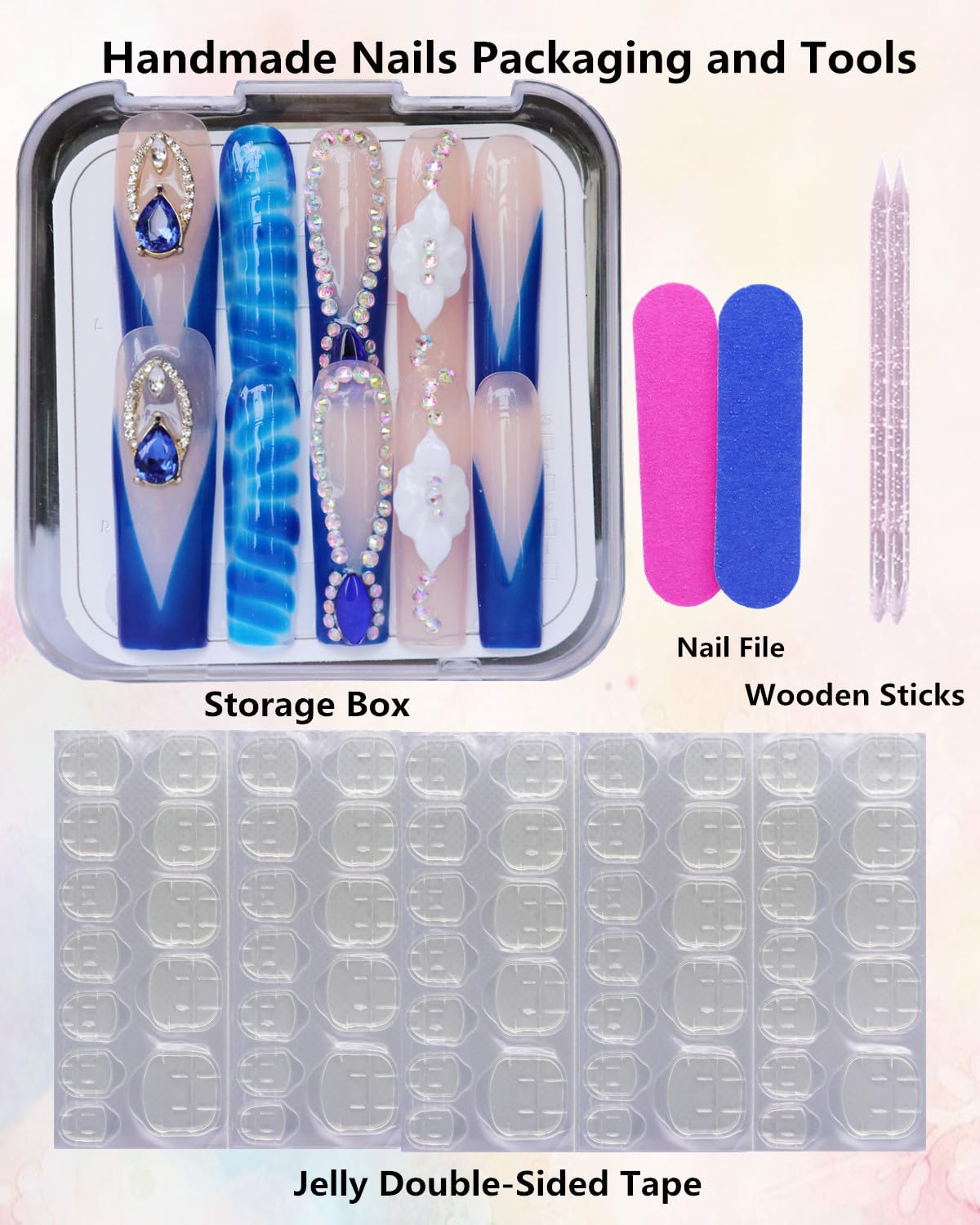 CAMILCY Luxury Handmade Coffin Press on Nails Long Length Blue Water Ripple Gem Flower Design Glossy Full Cover Acrylic Fake Nails for Women 10pcs (B22, S)